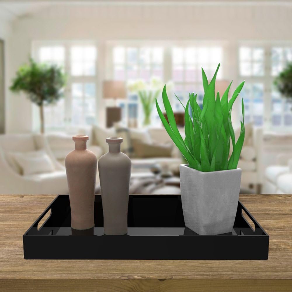 vale arbor (large, black) black serving tray 50cm large acrylic tray for coffee table, breakfast, tea, food, butler decorative display, countertop, kitchen, vanity serve tray with handles by