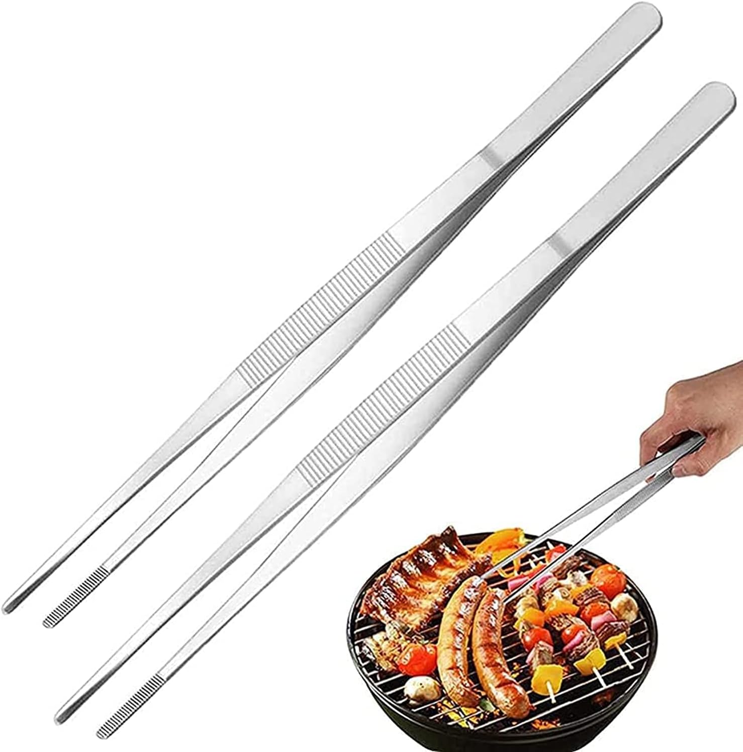 valuxe 2pcs 12 inch tweezer tongs, kitchen tongs, extra long stainless steel tweezers tongs, long food tongs with precision serrated tips for cooking, repairing, sea food, silver long bbq tongs