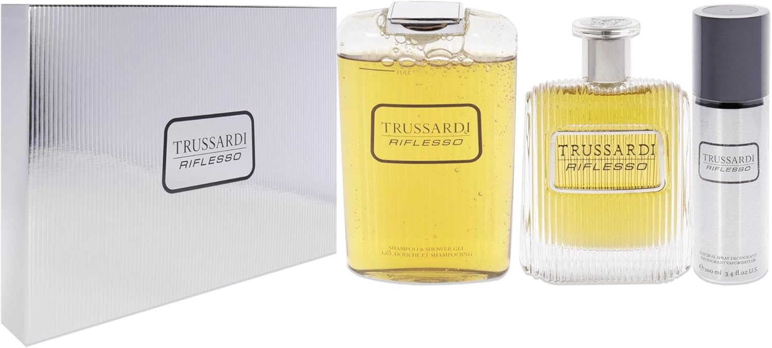 trussardi riflesso by trussardi for men 3 pc gift set 3.4oz edt spray, 6.8oz shampoo and shower gel, 3.4oz deodorant spray