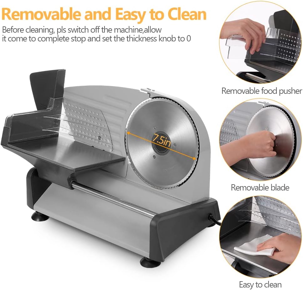 ouna kitchen slicer,ka18 food slicer electric meat slicer with 7.5in removable stainless steel blade pusher cheese fruit vegetable bread cutter adjustable knob for thickness food