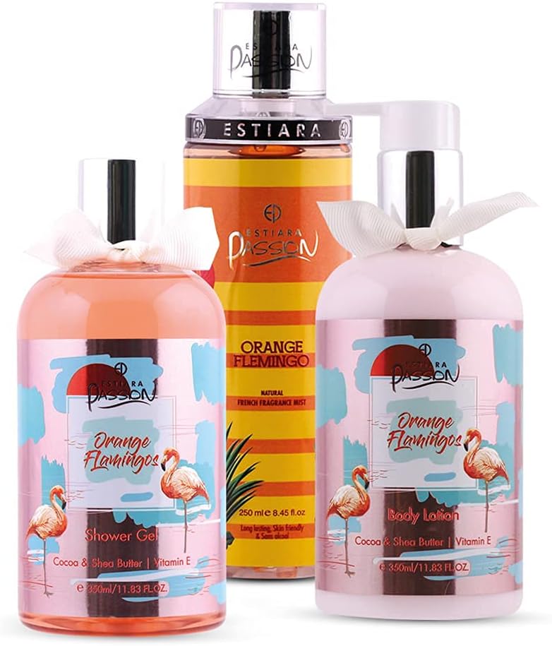 estiara passion orange flamingo bath & body 3 piece gift set for unisex orange flamingo body lotion 350ml orange flamingo shower gel 350ml orange flamingo french fragrance mist 250ml giftset