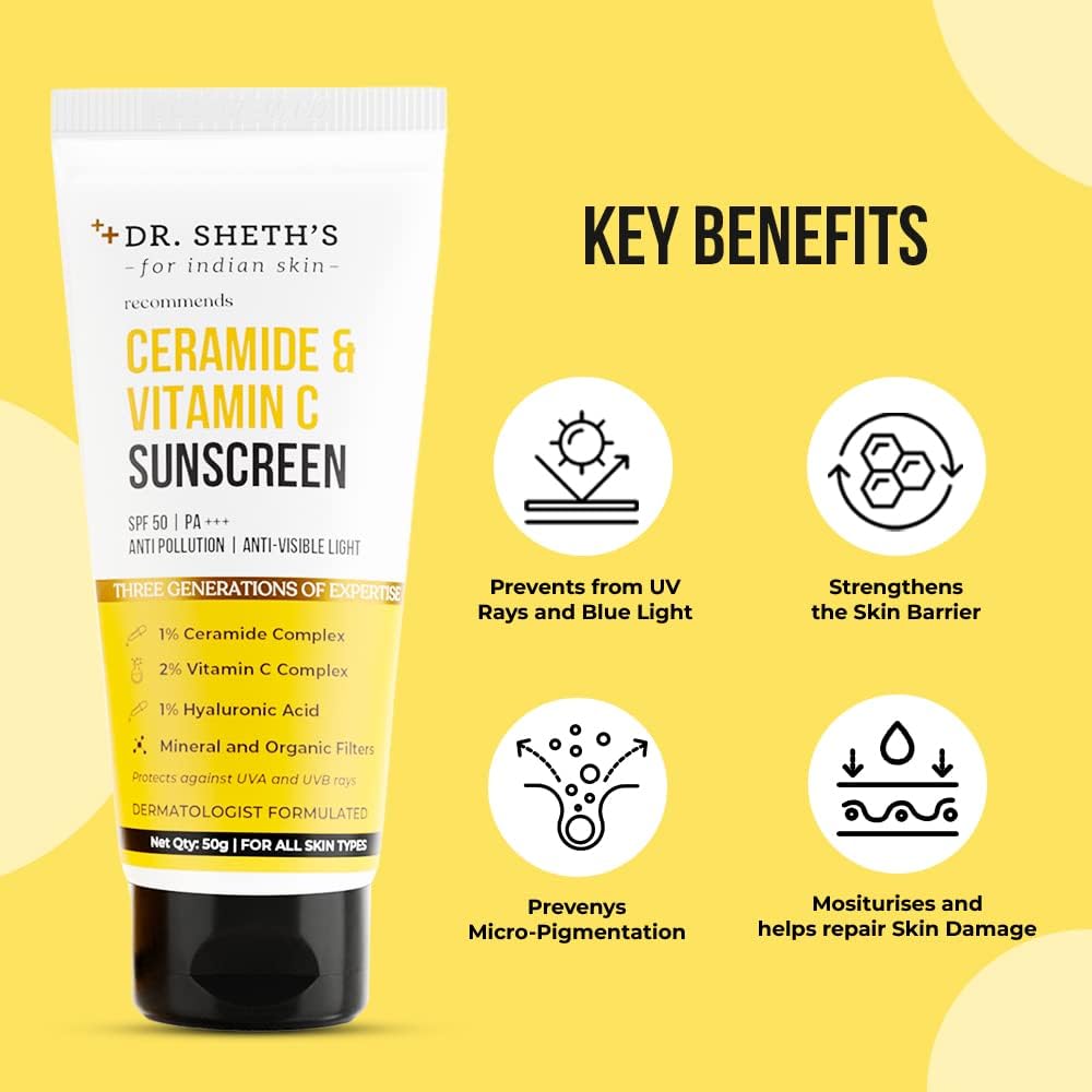 dr. sheth's sunscreen spf 50 cream with ceramide & vitamin c for oily, sensitive, dry skin | for intense hydration | non greasy, quick absorbing | zero white cast | pa+++ | for women & men | 50g