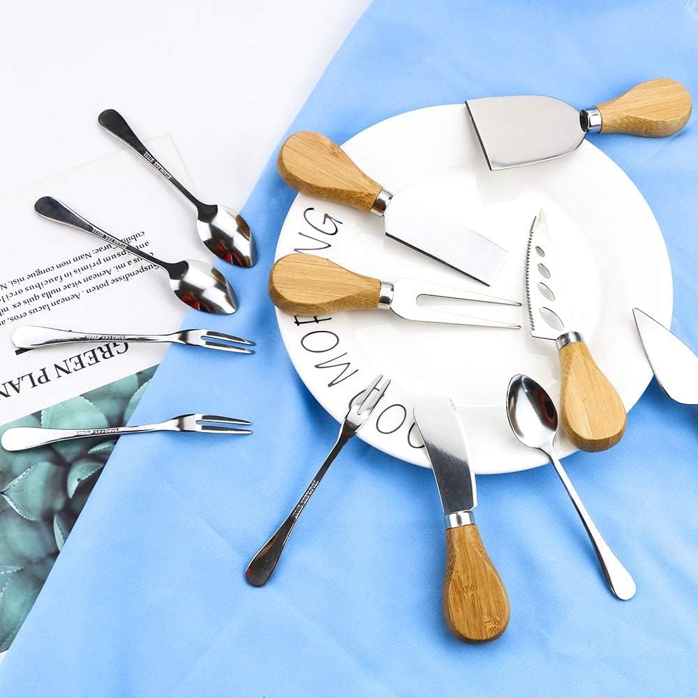 xtn 6pcs cheese knife set, stainless steel cheese knives cheese fork cheese shovel with bamboo handle for parties party