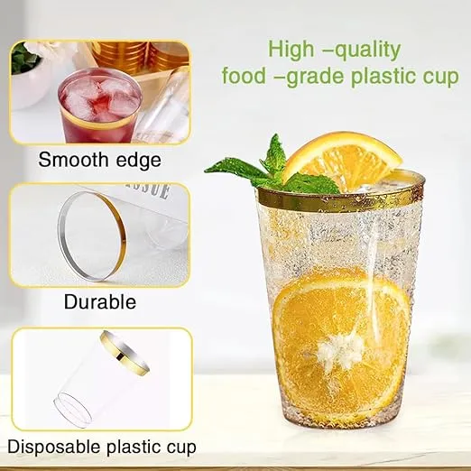TOMVAES 50 Pack Plastic Cups,Gold Rimmed Disposable Cups,Reusable Clear Party Cups Tumblers,Wine Glasses for Celebrations, Weddings, Picnics, Parties, Camping, Birthdays