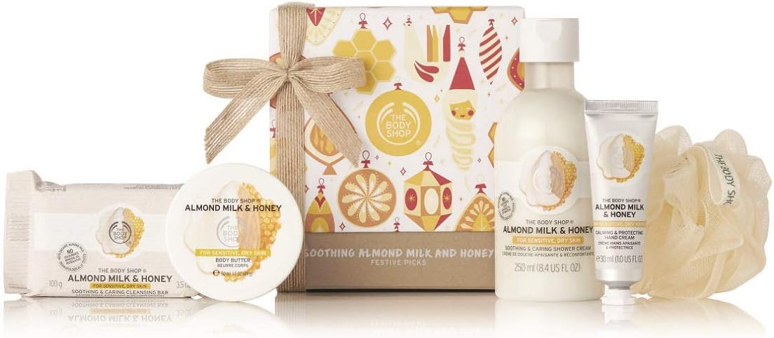 the body shop almond milk & honey gift set, enriched with community trade organic almond milk from spain, great for moisturizing sensitive skin, 5piece