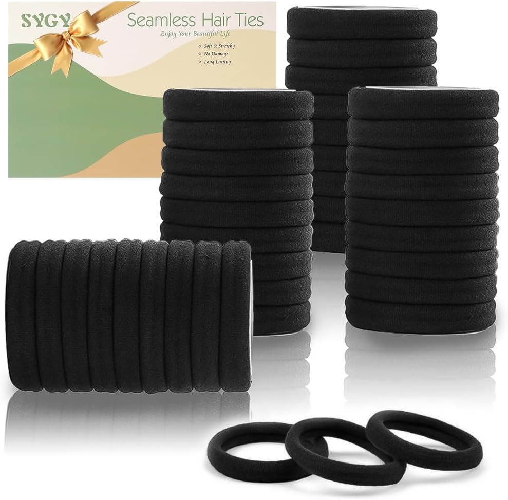 sygy 100 pcs hair ties for women, elastic cotton thick seamless black hair bands, no crease no damage for thick/thin hair, soft hair ties ponytail holders hair accessories
