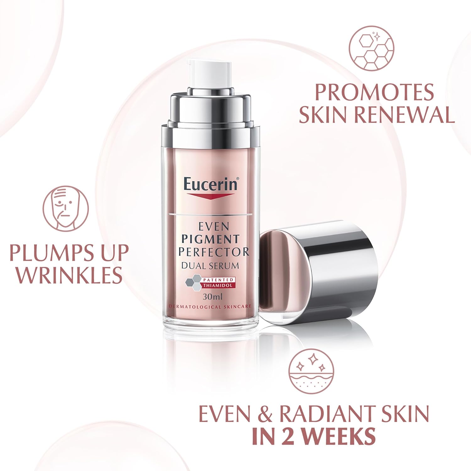 eucerin even pigment perfector dual face serum cream, reduces spots, plumps up wrinkles, refines skin texture, suitable for all skin types, 30ml