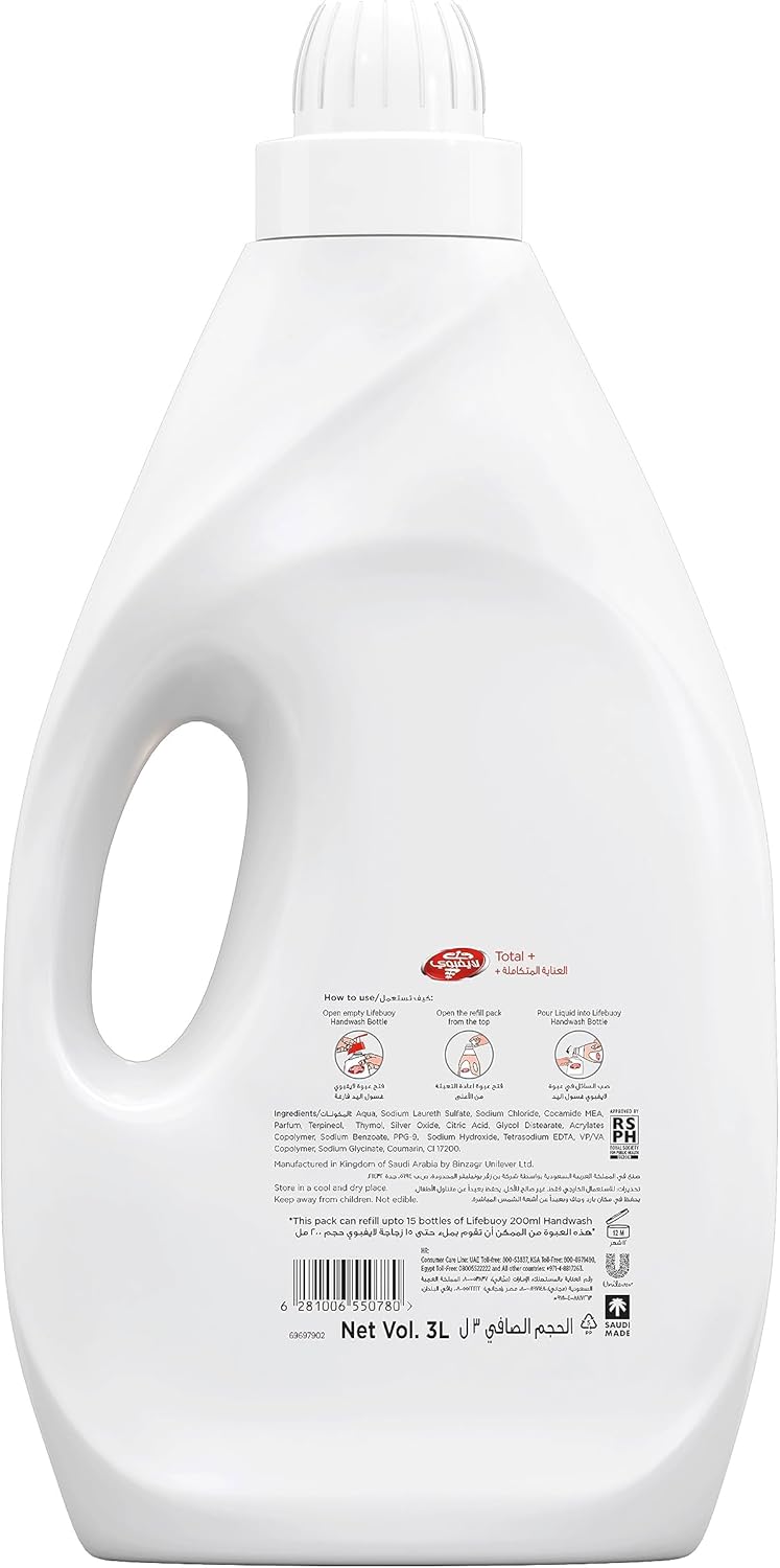 lifebuoy antibacterial liquid soap and hand wash, for hand hygiene, total 10, 100 percent stronger germ protection*, 3000ml