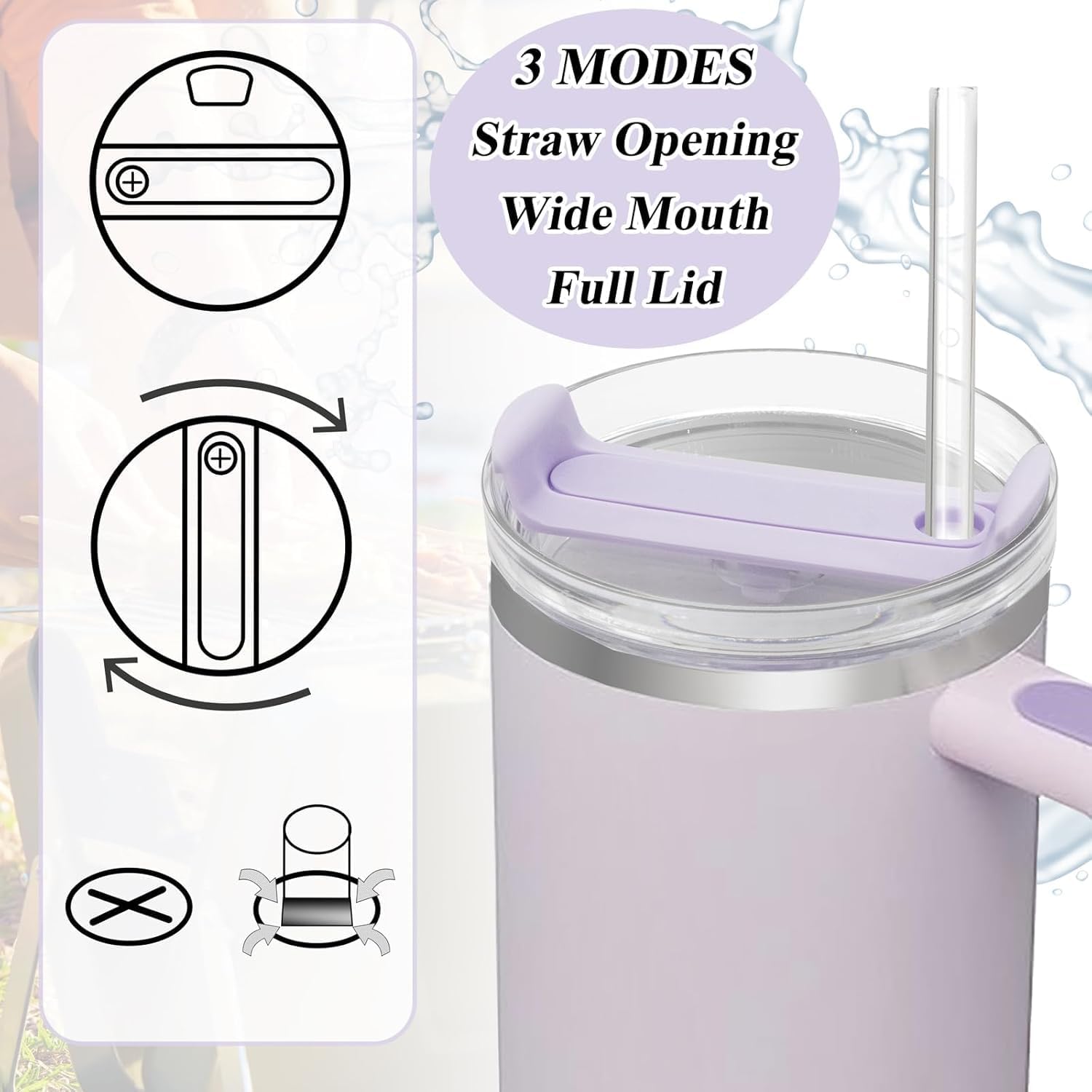 2pack 40 oz stanley cup lid, spill and spill resistant non tipping lid, stanley non tipping replacement lid with straw, cleaning brush and straw accessory(purple, 40oz)