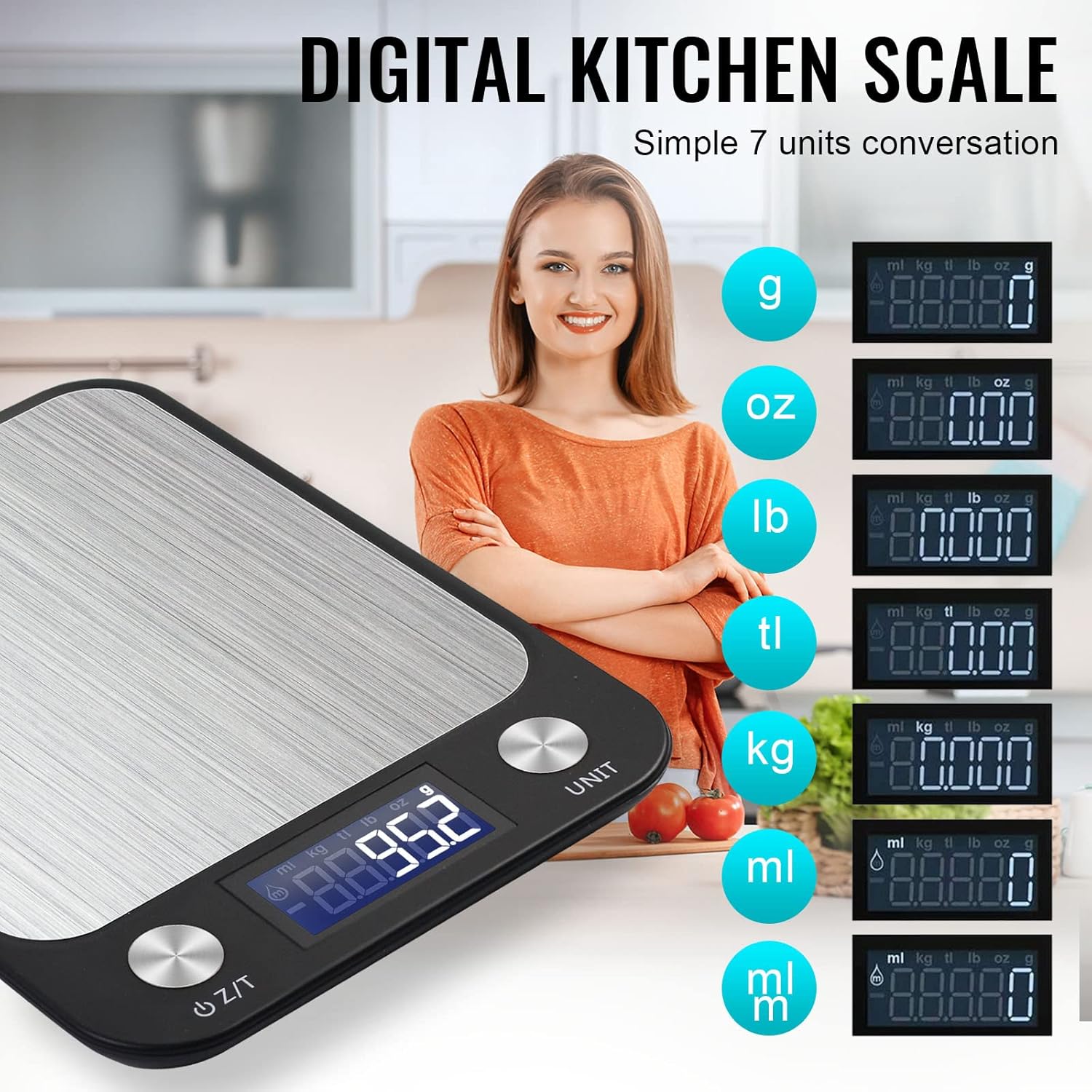 sky touch digital kitchen scale multifunction food scale, touch button, ultra slim with large lcd display, 11lb/5kg, 22lb/5kg, stainless steel (batteries included) (10000g/1g)