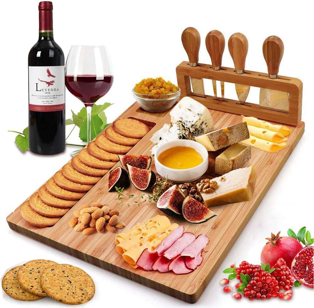 bamboo cheese board set, charcuterie platter and serving meat board including 4 stainless steel knife and serving utensils, unique gifts for christmas wedding birthday anniversary(36.3x28.4cm)