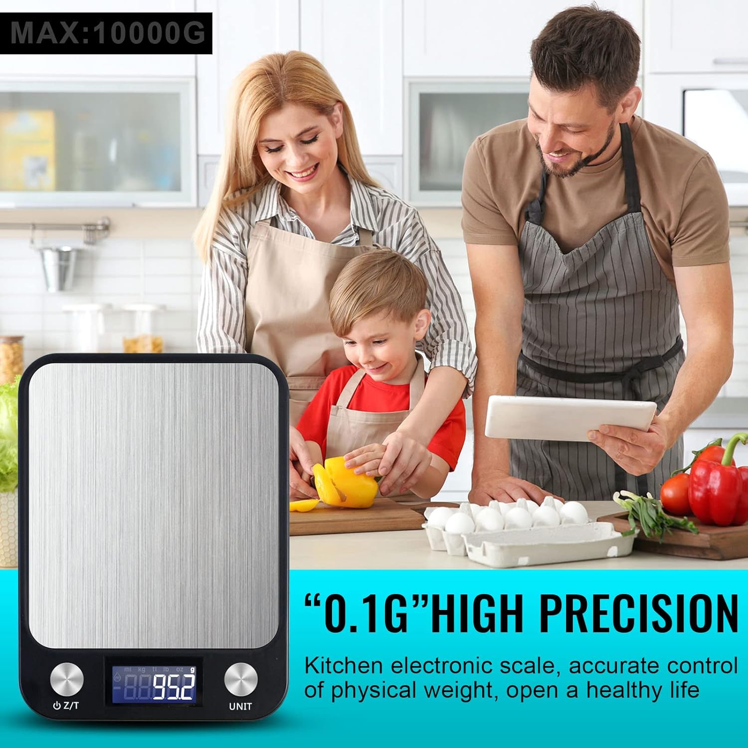 sky touch digital kitchen scale multifunction food scale, touch button, ultra slim with large lcd display, 11lb/5kg, 22lb/5kg, stainless steel (batteries included) (10000g/1g)