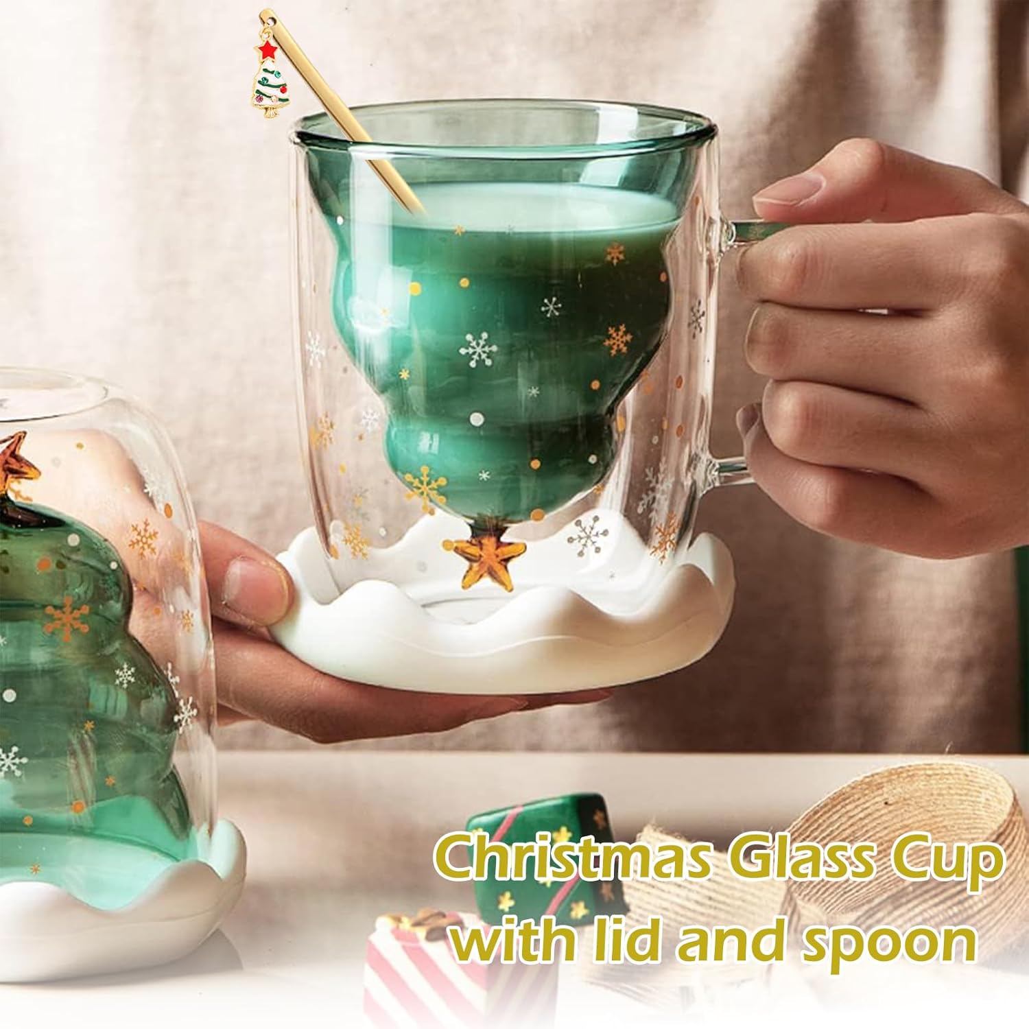 binoster cute mugs christmas coffee mug double walled glass mugs milk tea espresso cup christmas tree decorations christmas funny gifts for women men kids girls her best friend（green）
