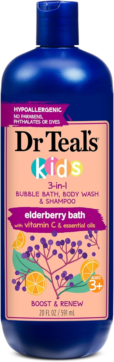 dr teal's kids 3 in 1 bubble bath, body wash & shampoo elderberry & vitamin c 591ml