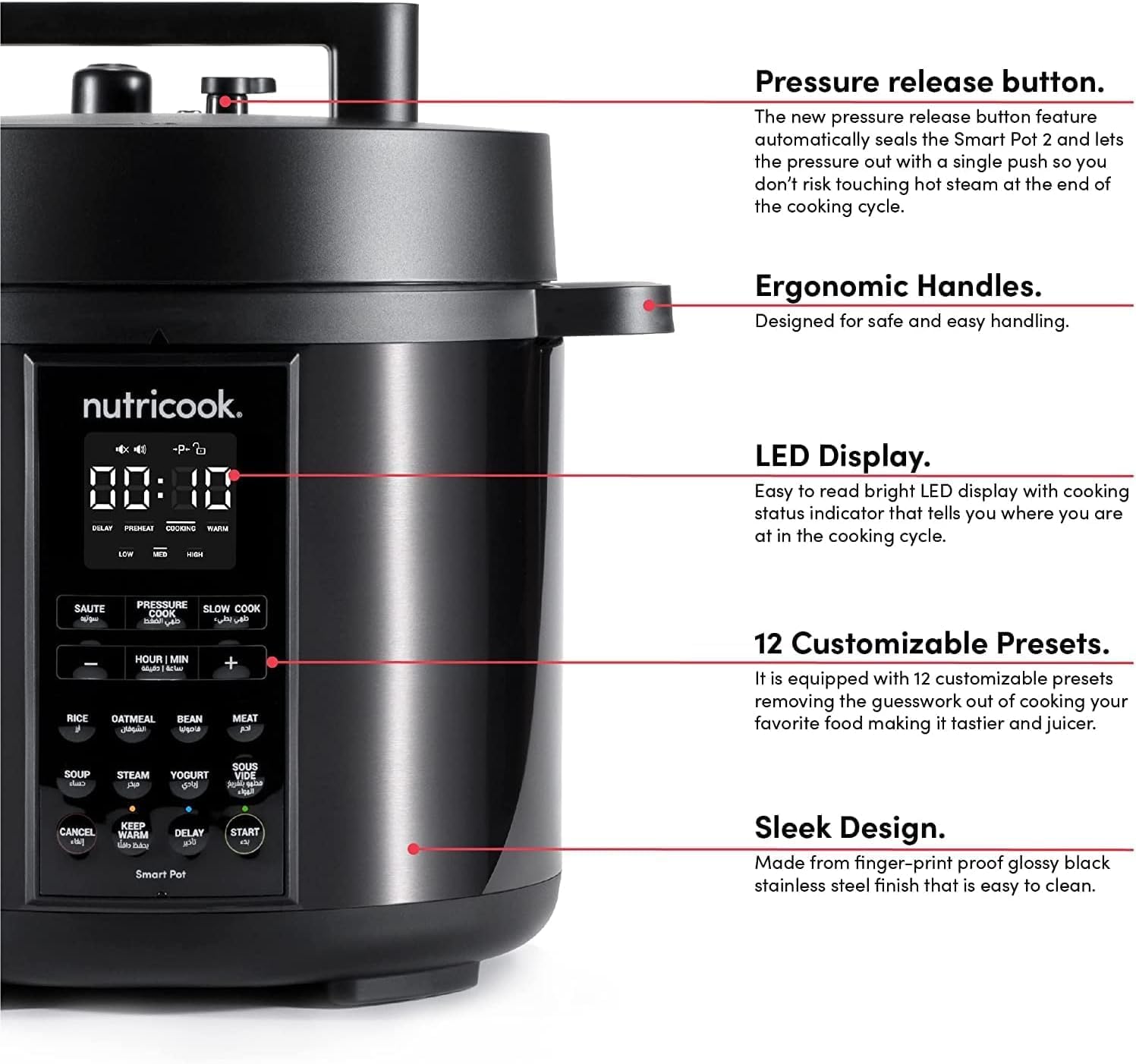 nutricook smart pot 2,6 liters,9 in 1 electric pressure cooker, slow cooker,rice cooker, steamer, sauté pot, yogurt maker & more, 12 smart programs with new smart lid"min 1 year manufacturer warranty"