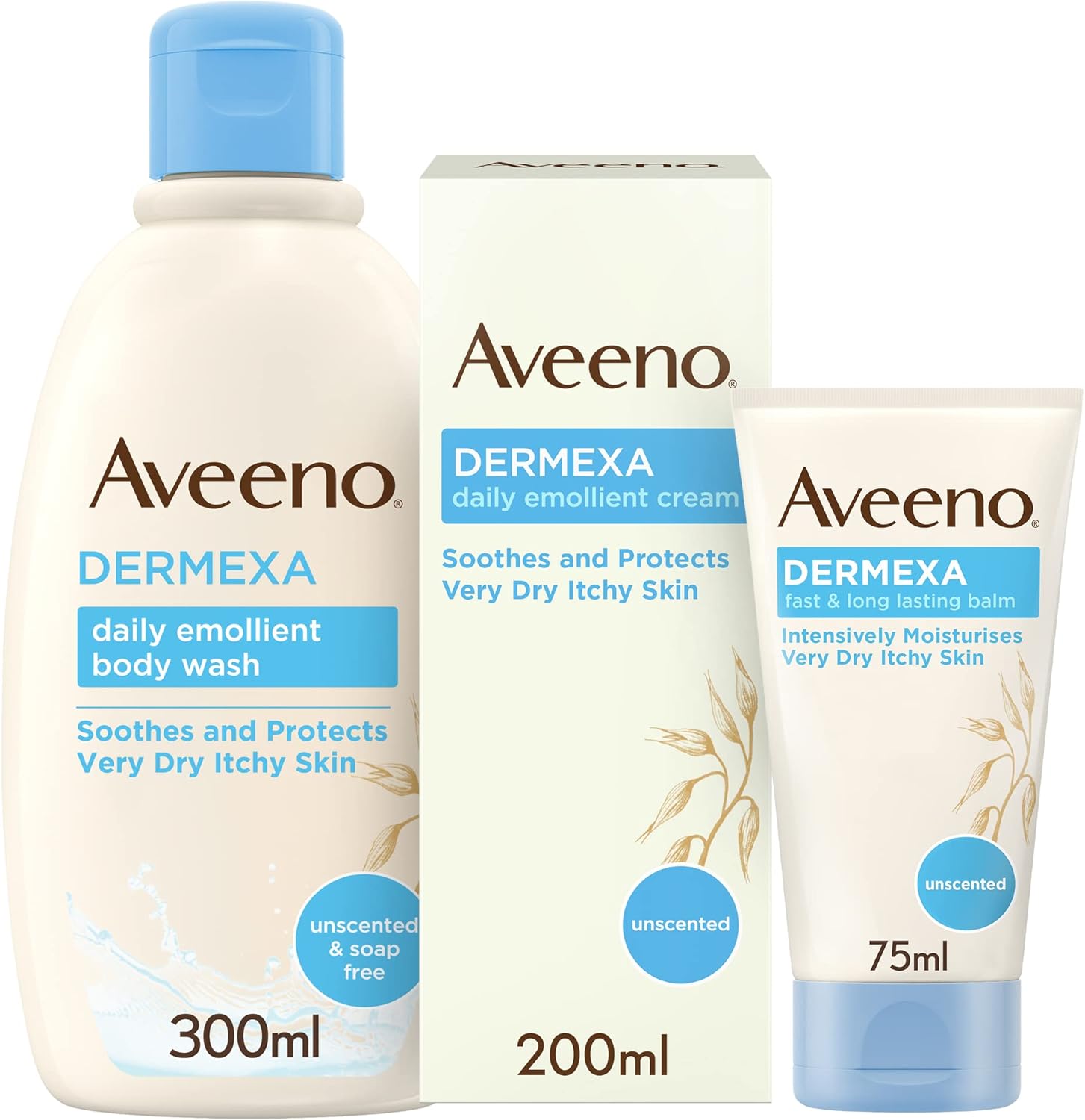 aveeno dermexa 3 step skincare set, nourishing skincare bundle with emollient body wash, lotion, and skin balm, soothing and protecting effect for very dry, itchy skin, suitable for sensitive skin
