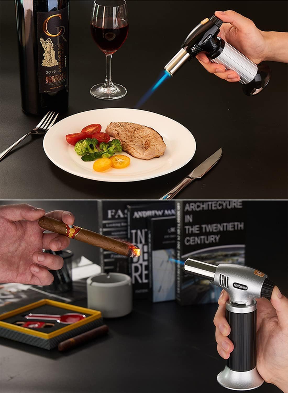 ibama butane torch, professional cooking torch culinary lighter butane refillable, adjustable flame, safety lock for baking, bbq, creme brulee, heat shrinking tubing（butane not included）