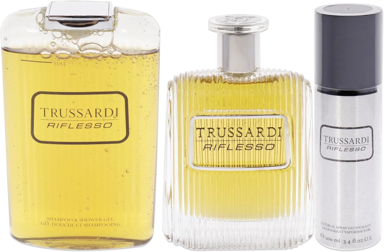 trussardi riflesso by trussardi for men 3 pc gift set 3.4oz edt spray, 6.8oz shampoo and shower gel, 3.4oz deodorant spray