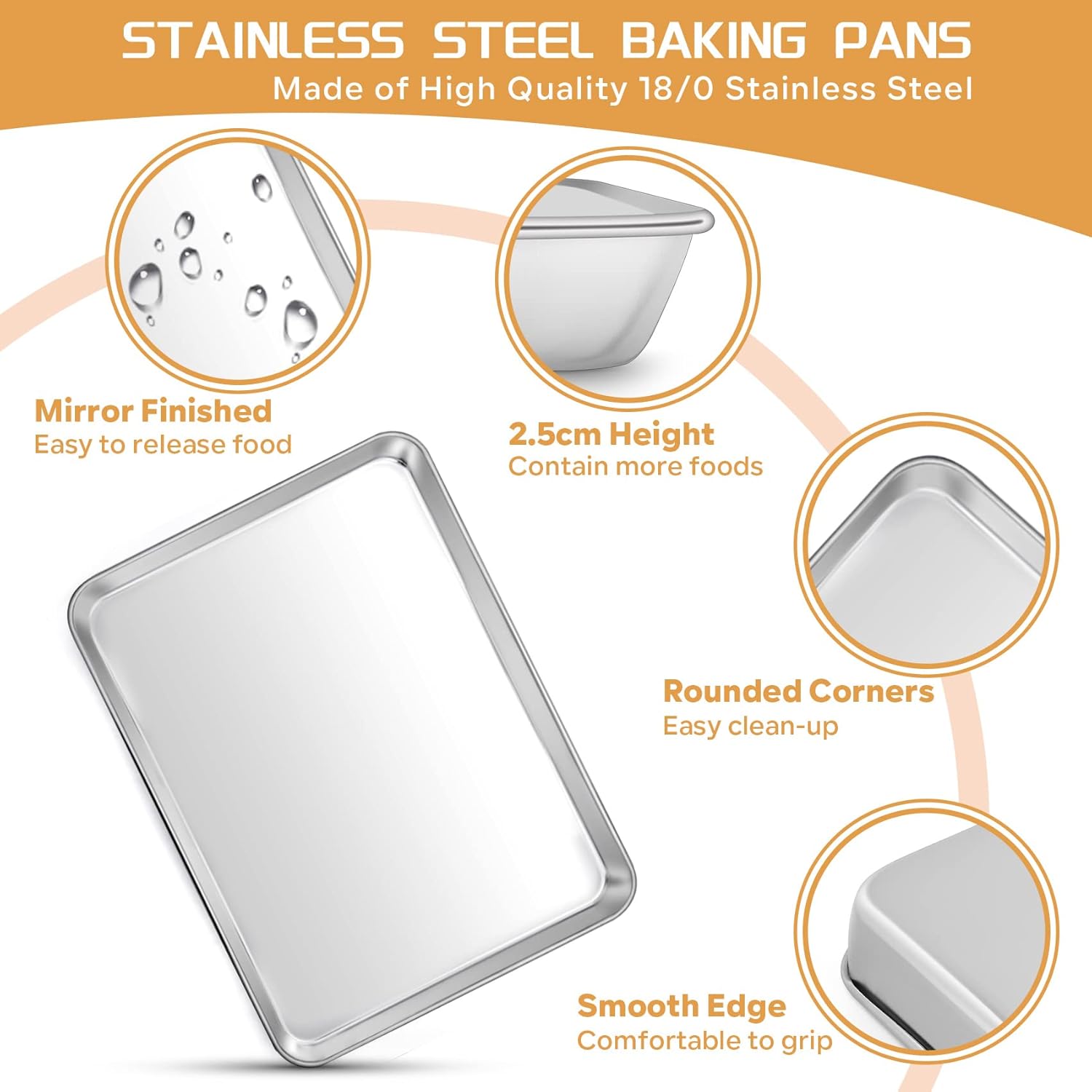onader baking tray set of 4, stainless steel oven trays rectangle cookie sheet pan, perfect for baking cooking serving, non toxic & healthy, heavy duty & sturdy, mirror finished & dishwasher safe