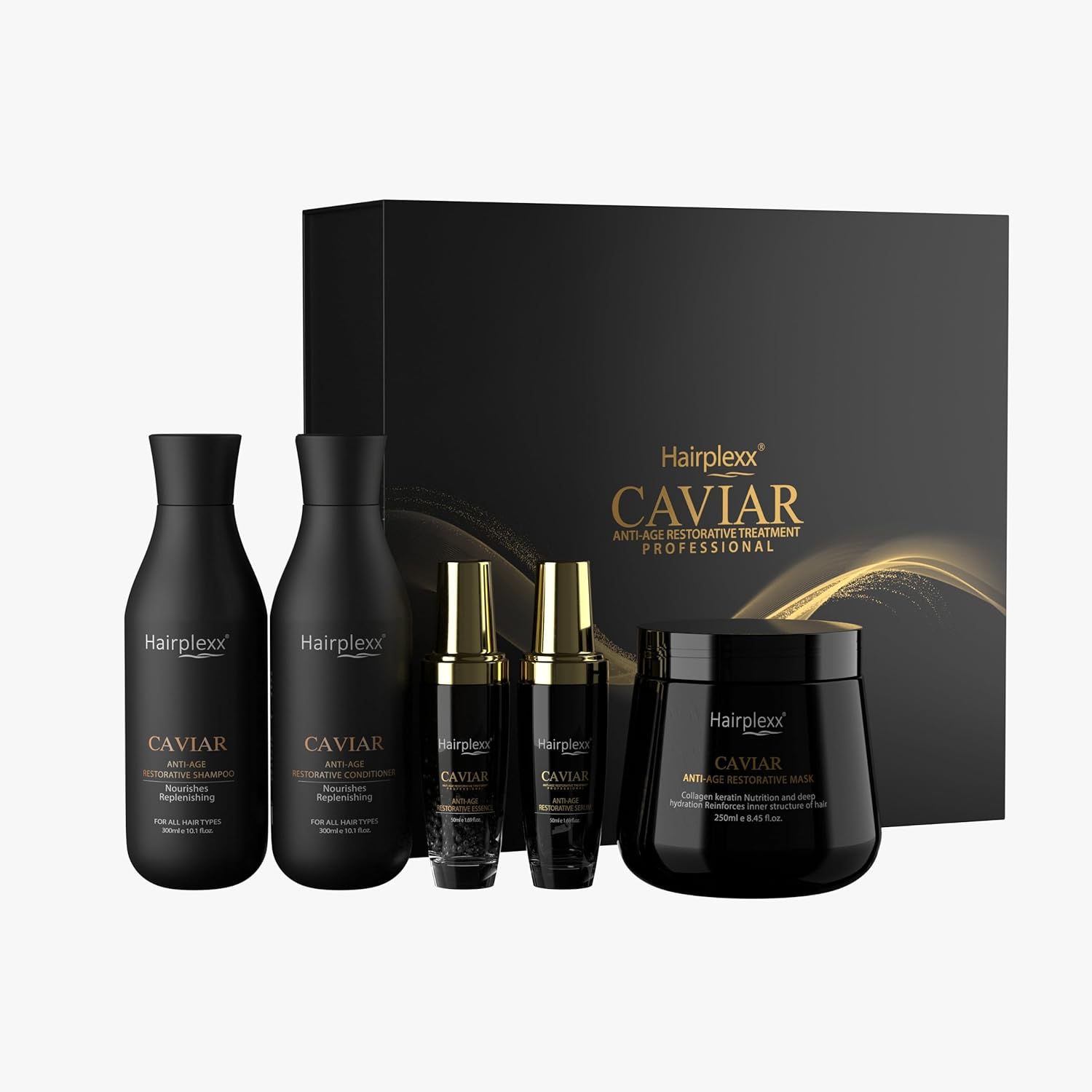 hairplexx caviar anti age restorative treatment professional kit 5 in 1 | for damaged and dry hair, mask, conditioner, serum and essence made with organic extracts