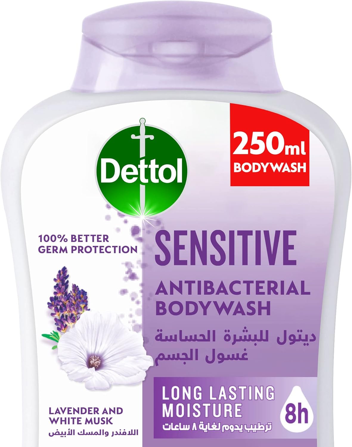 dettol sensitive shower gel & body wash, lavender & white musk fragrance for effective germ protection & personal hygiene, 250ml and 500ml (pack of 2)