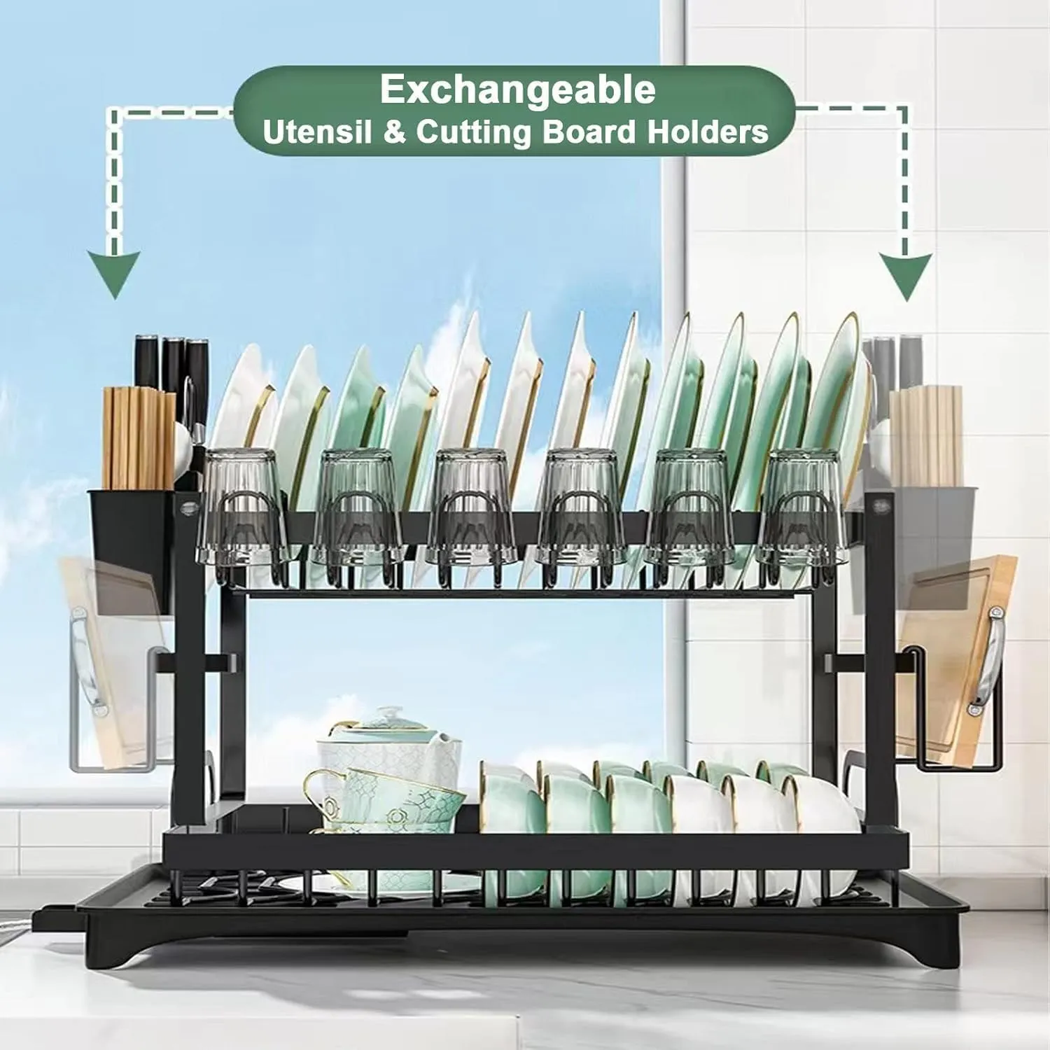 SKY-TOUCH 2-Tier Dish Drying Rack – Save Space Dish Rack with Utensil Holder, Cutting Board Holder & Drainboard Tray | Large Capacity, Rustproof Kitchen Drainer,42 * 30 * 29cm,Black