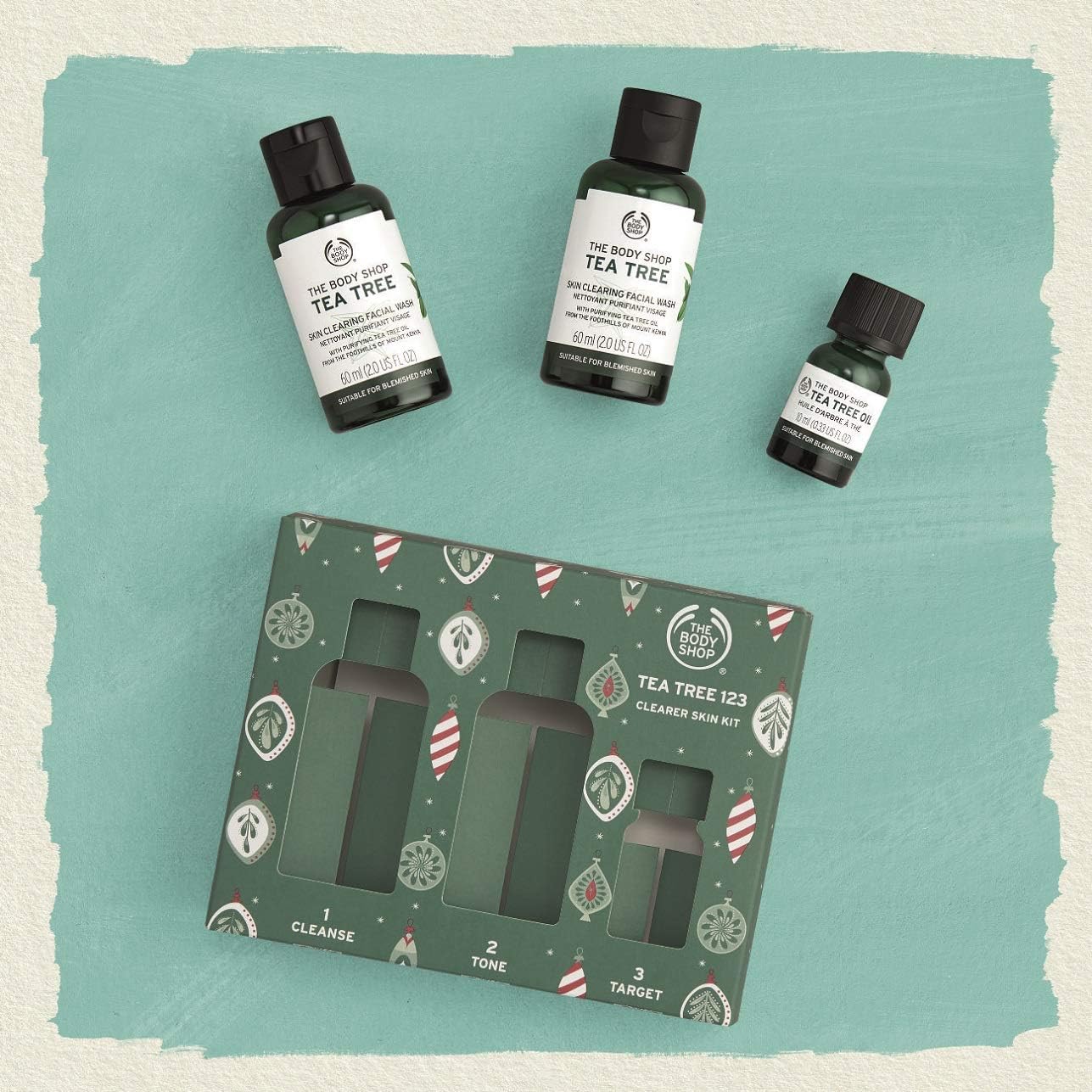 the body shop tea tree gift set, simple 3 step routine with tea tree face wash, toner, and oil