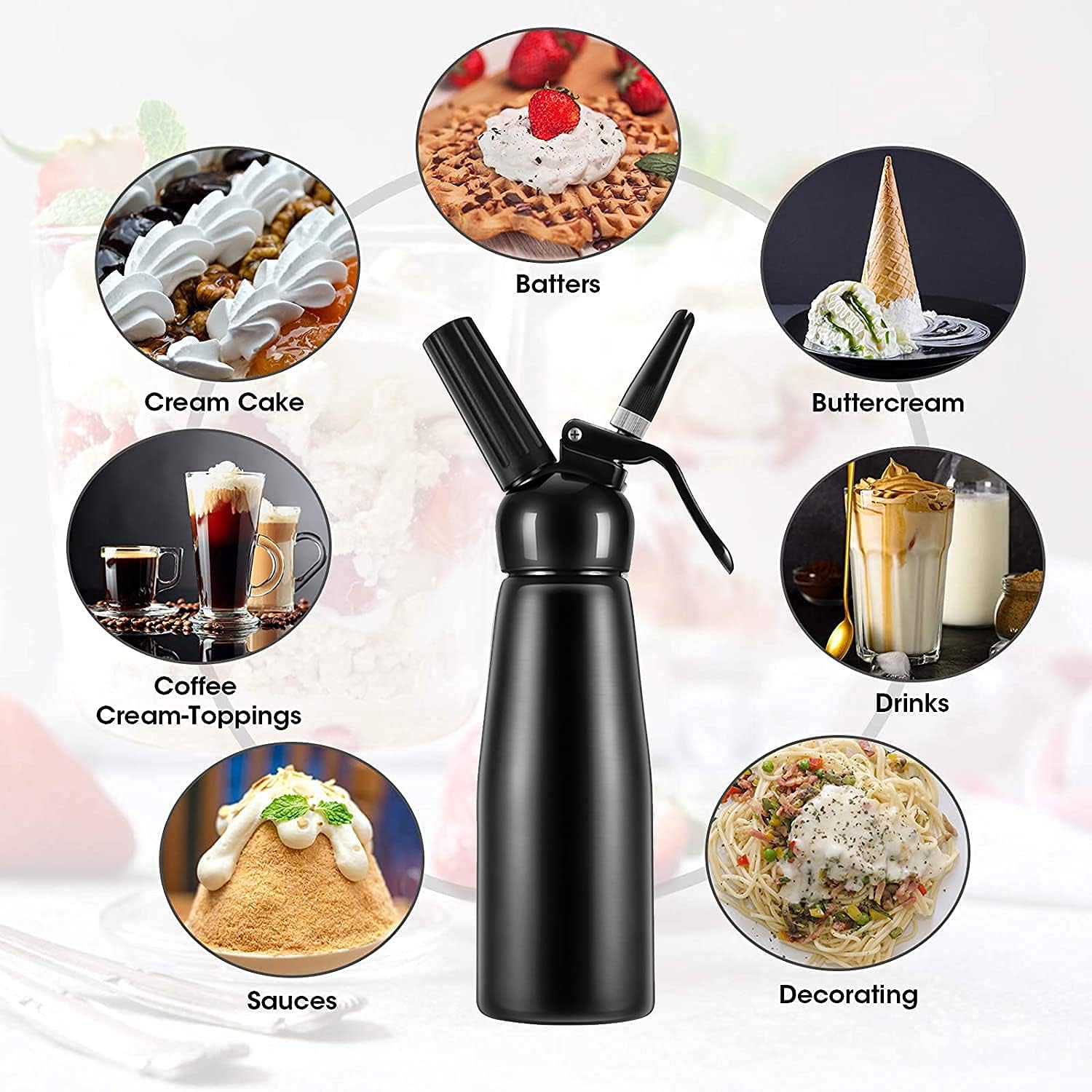 whipped cream dispenser professional aluminum culinary canister cream whipper, durable stainless steel leak free seals with 3 decorating nozzles cream foam maker for cake dessert coffee (500ml, black)