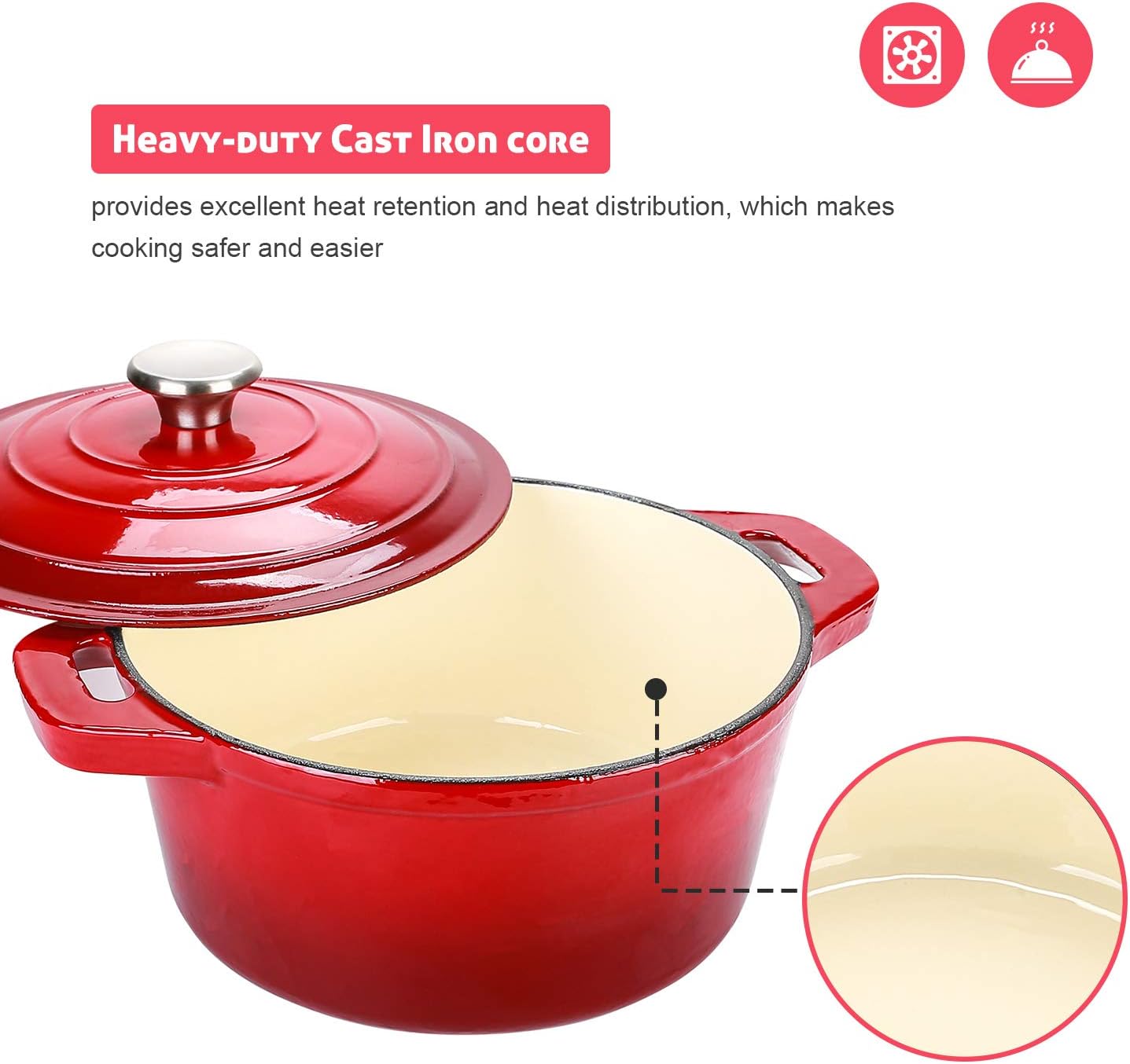 puricon 5.5 quart enameled cast iron dutch oven with lid, 5.5 qt deep round dutch oven pot with dual handles red
