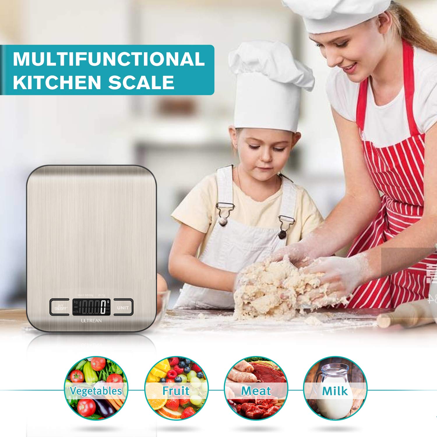 ultrean digital food scale, high precision kitchen scale, measures in grams and ounces for cooking and baking, 5 units with tare function, stainless surface (batteries included) silver