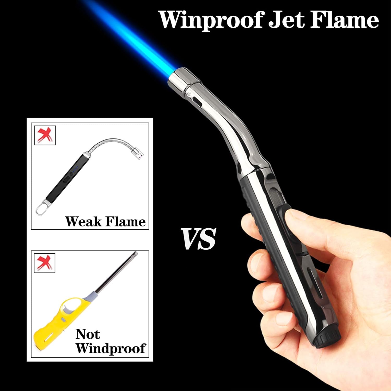 yeuligo torch lighters, 7.6in long butane lighter with visible window, adjustable and refillable lighter for kitchen fireplace camping candle grill bbq fireworks.gas not included(black)