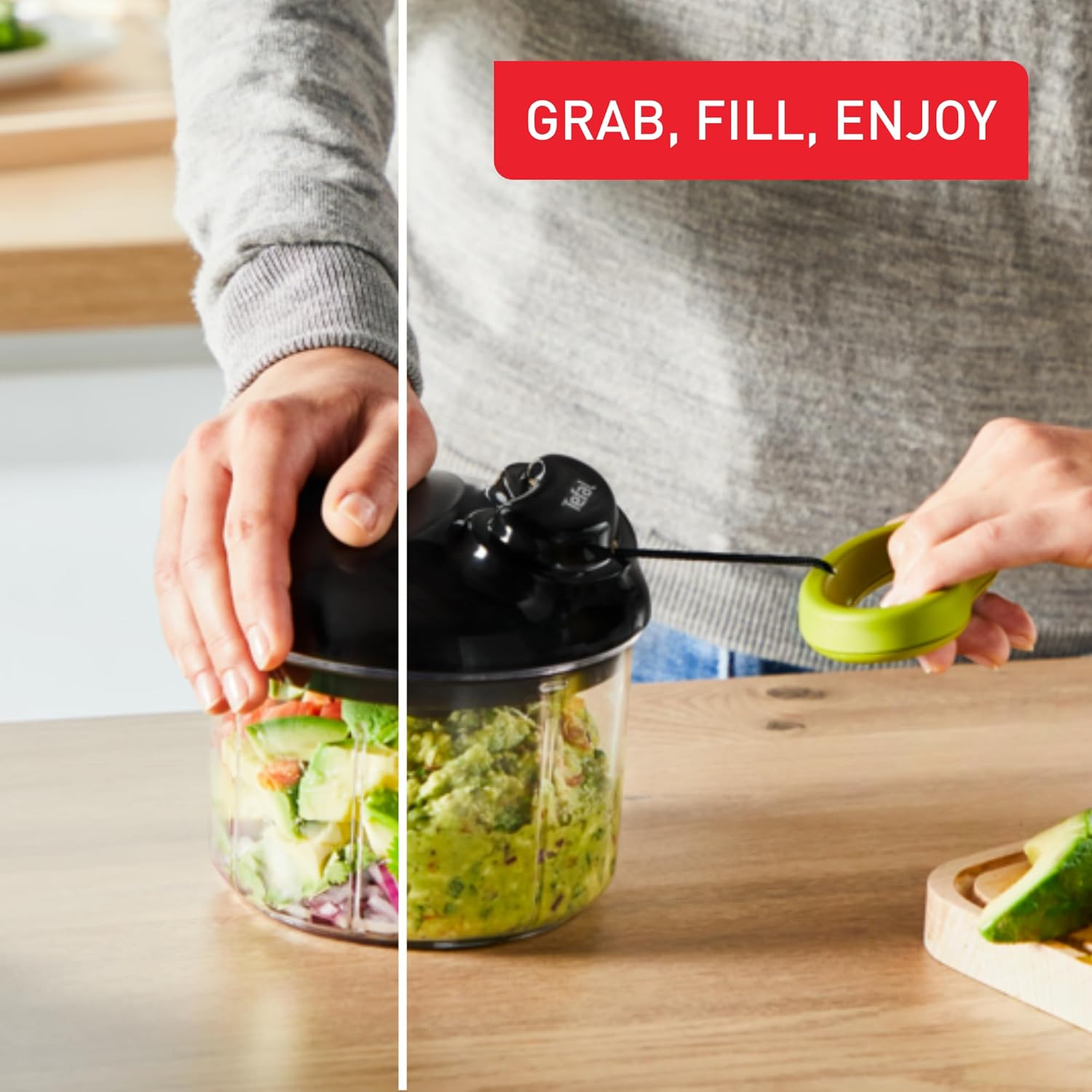 tefal 5 second chopper, 900 ml, manual food chopper and mixer, easy to use, stainless steel blades, safe to use, versatile results, vegetables, onions, hummus, guacamole, herbs and nuts, k1320404
