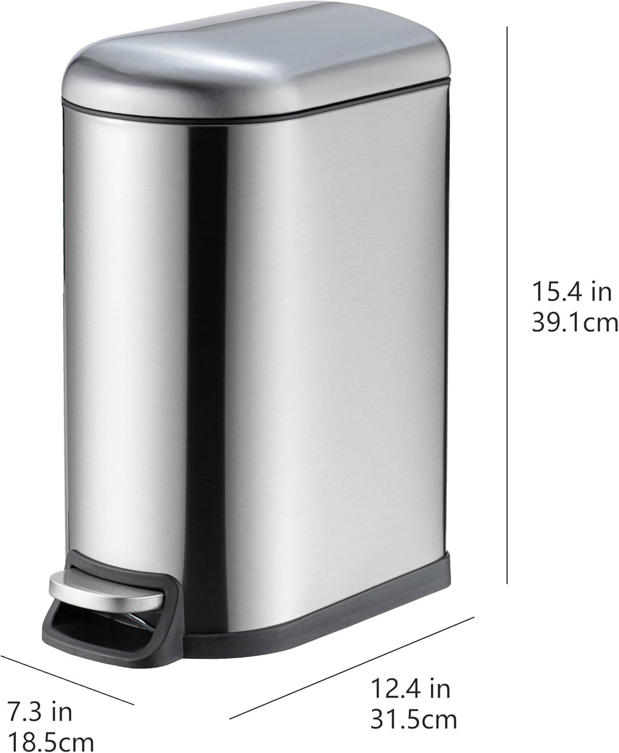 amazonbasics smudge resistant small rectangular trash can with soft close foot pedal for narrow spaces, 10 liter/2.6 gallon, brushed stainless steel