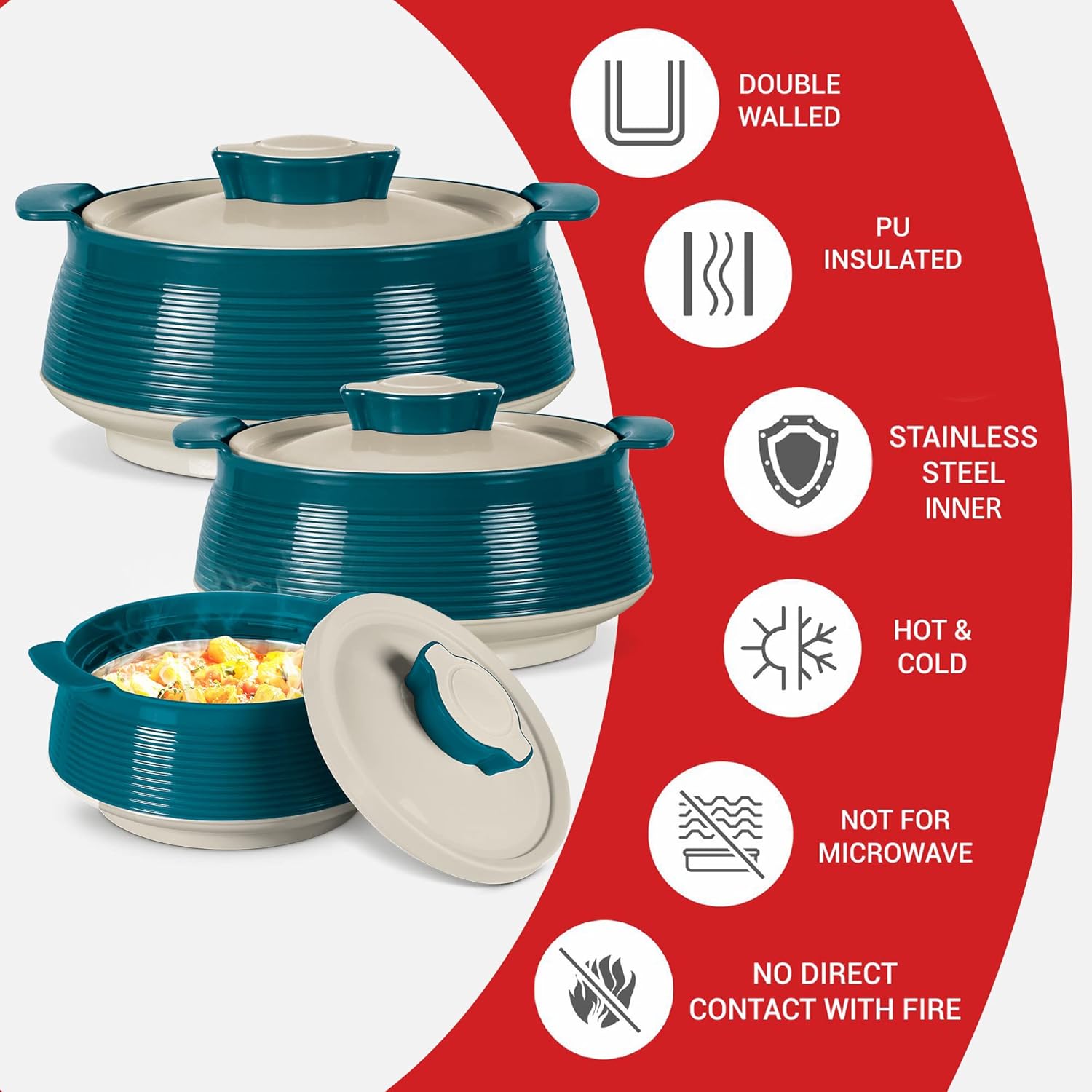 milton casserole set of 3 (850 ml,1.35 l,1.85 l) insulated stainless steel hotpot with lids, hotbox food storage container for serving chapati, roti, venice green