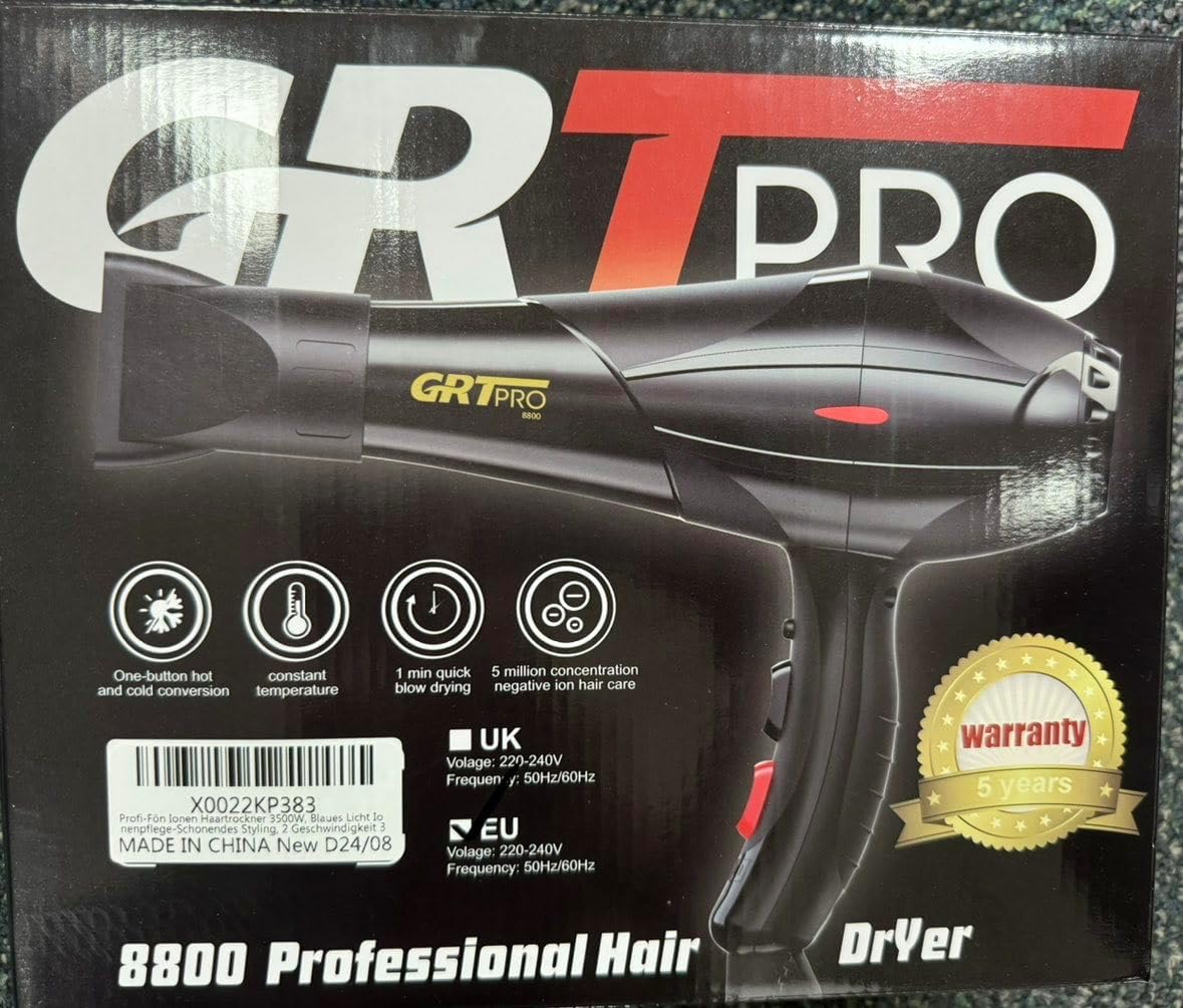 professional hair dryer 3500w ionic hairdryer ac motor blue light anion with 1 diffuser & 2 nozzles accessories, overheating protection 2 speeds 3 heat settings for women men home salon (black)