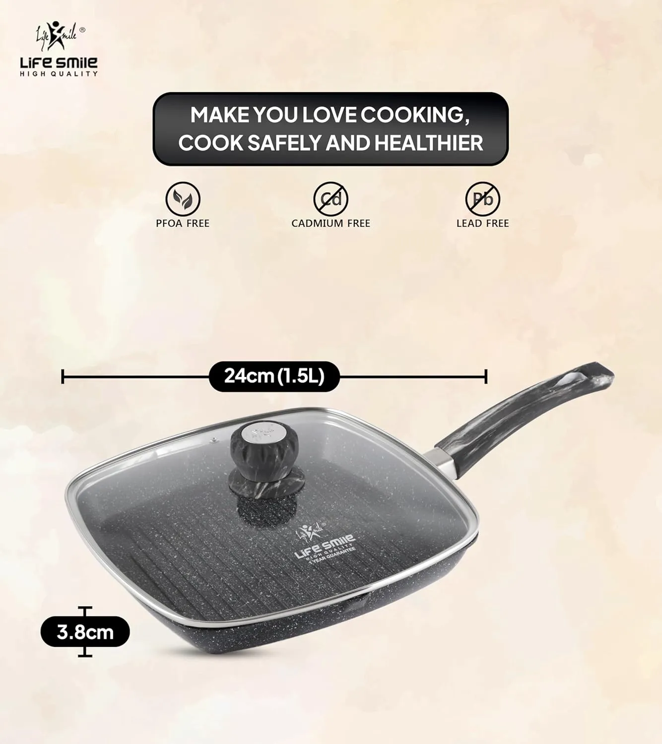LIFE SMILE grill pan Non-stick Granite Coating with lid | Oven Safe | versatile grilling pan with drop opening, Skillet large surface,100% PFOA free (Black Bakelite Knob, 24 CM Fixed Handle)