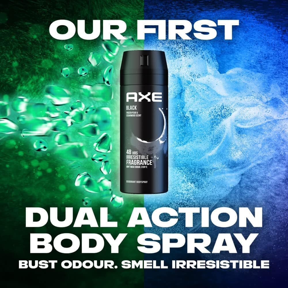 axe men deodorant body spray for long lasting odour protection, black, 48 hours irresistible fragrance, 150ml