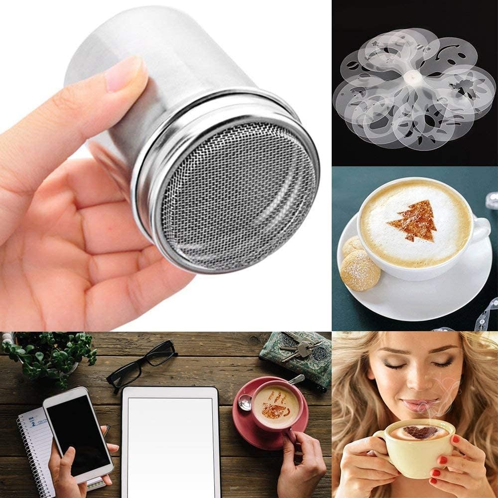 oban 2 stainless steel powder shakers, mesh shaker powder cans for coffee cocoa cinnamon powder with lid, with 16 pcs printing molds stencils