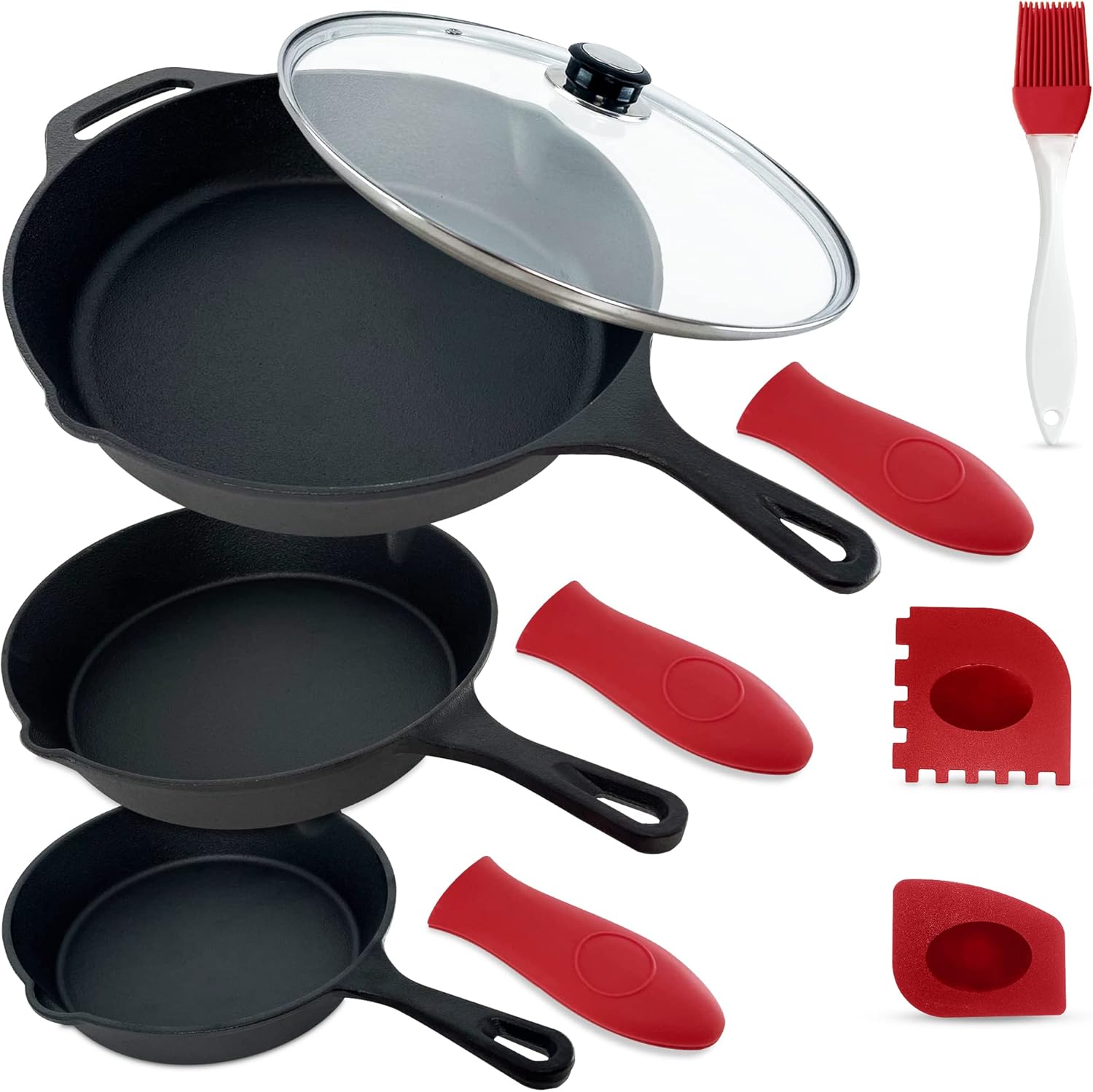 empire cast iron skillet set of 3 pcs, best heavy duty cast iron pan, pre seasoned non stick frying pans 11.8”, 10.2” & 7.8” with silicone handles, oil brush & scrapper, black cast iron cookware