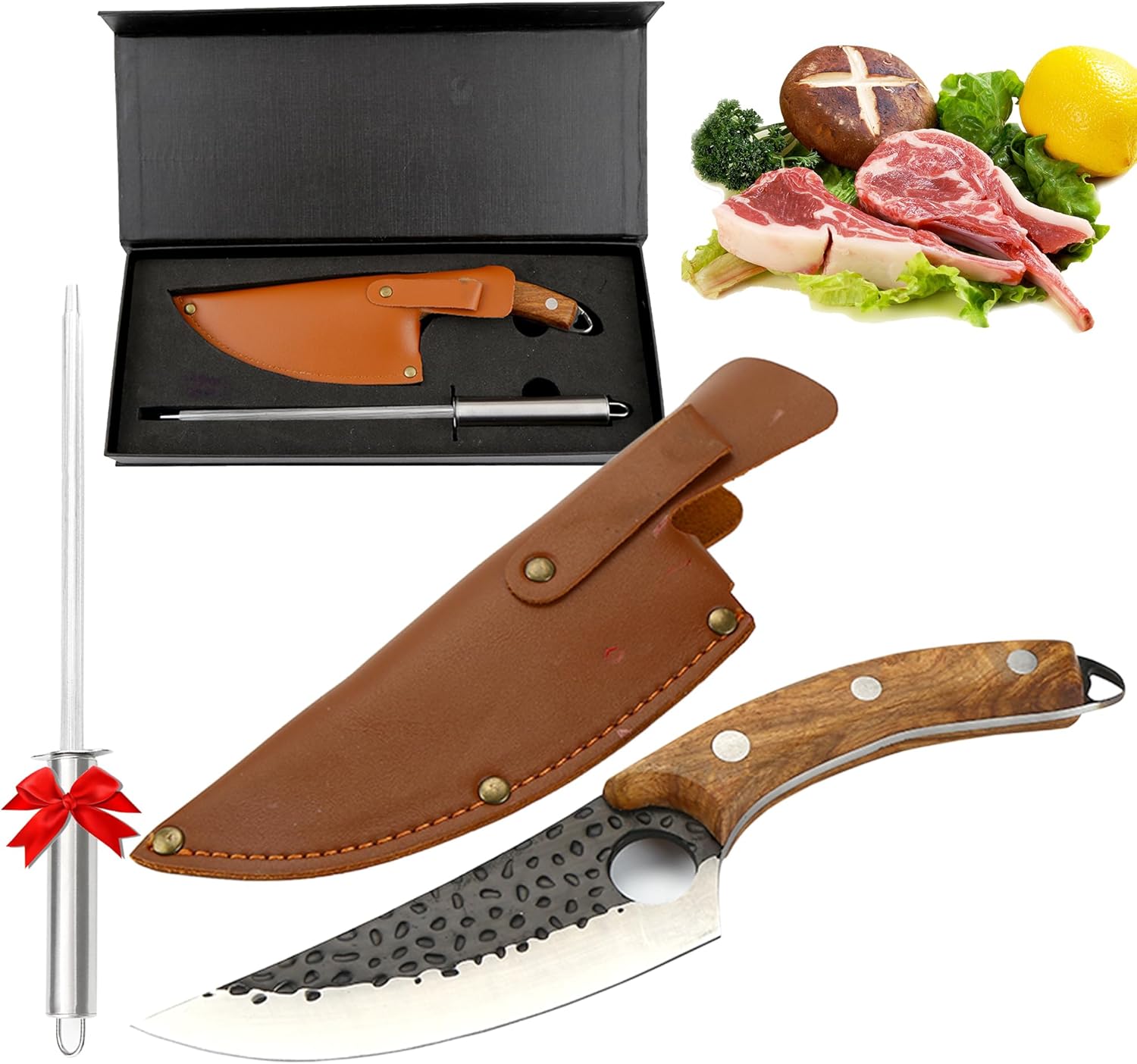 kitchen meat and boning knife with multi function cooking knife leather case packing rosewooden handle stainless steel kitchen chef knife comes with a steel sharpener as a gift
