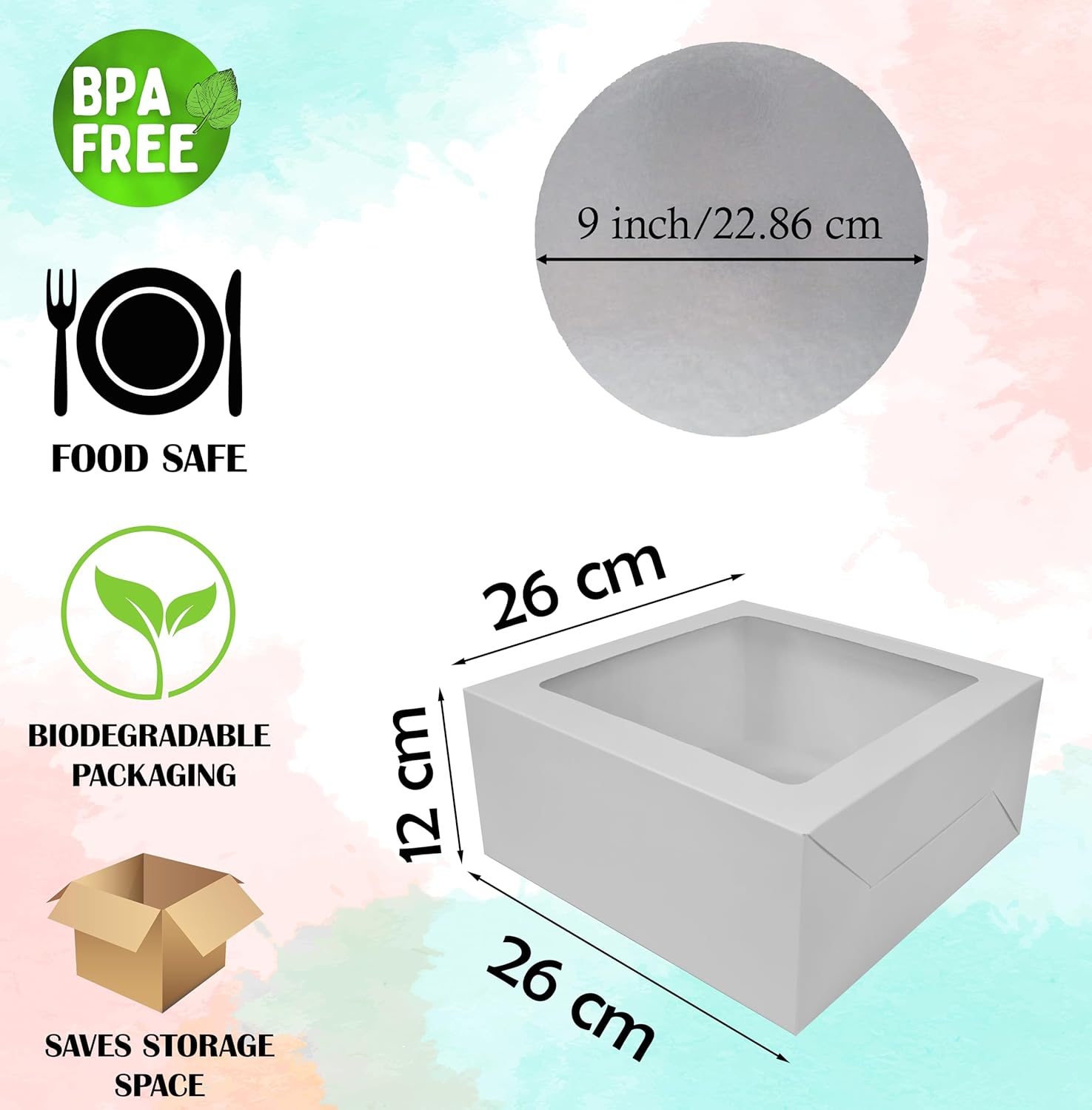 hyfy cake box with clear window white bakery box kraft. best for gifts pie cupcakes cookies, cakes, pastry, desserts, bakery. white cake box 10x10x3.7 inch. silver cake board 9 inch. 5 boxes, 5 boards