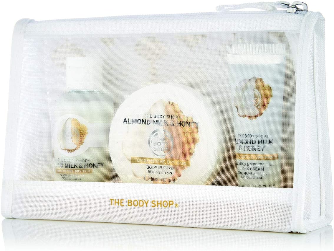 the body shop almond milk and honey beauty bag gift set, 3pc bath and body gift set, dermatologically tested for dry, sensitive skin