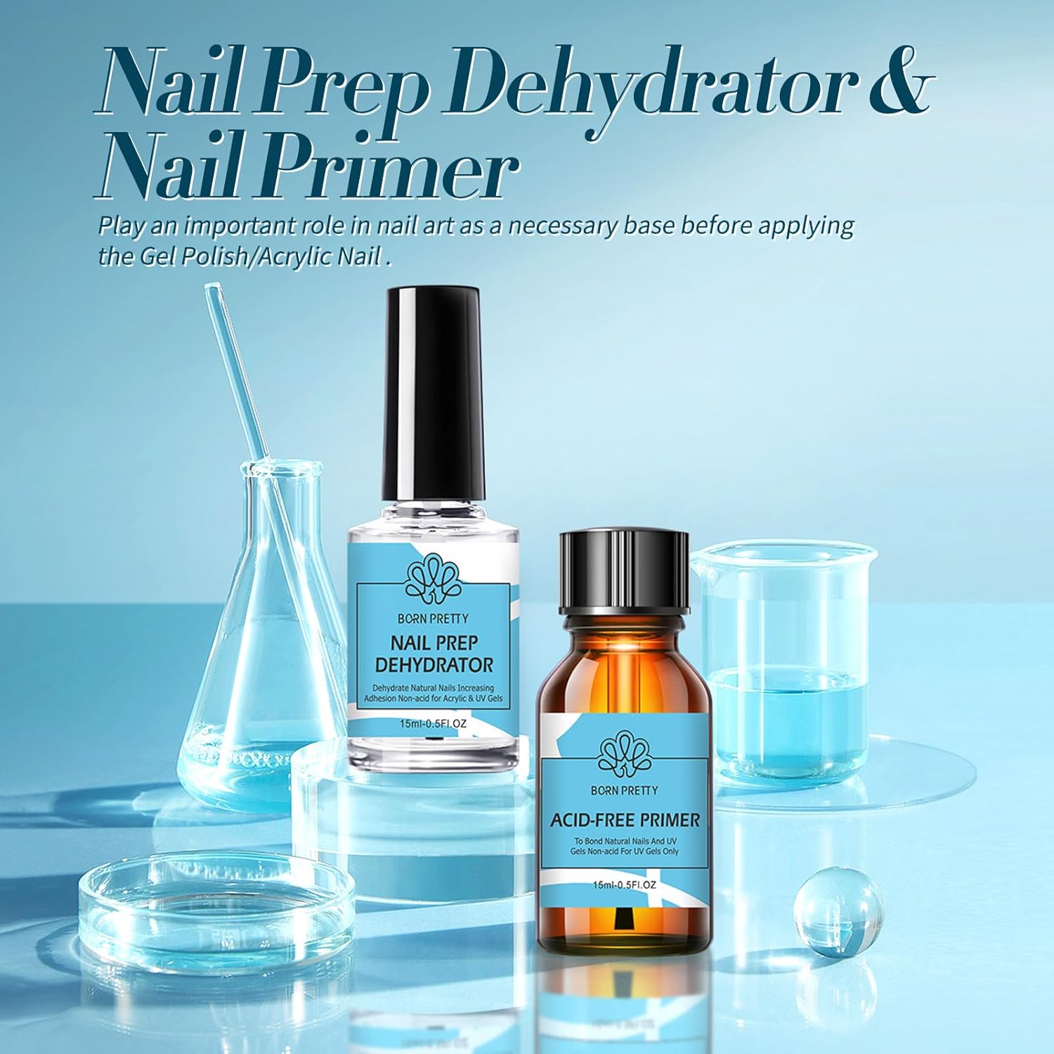 born pretty nail dehydrator and primer set, acid free natural nail prep dehydrate & nail bond primer set fast air dry for gel nail polish and acrylic powder nail supplies set 0.5oz