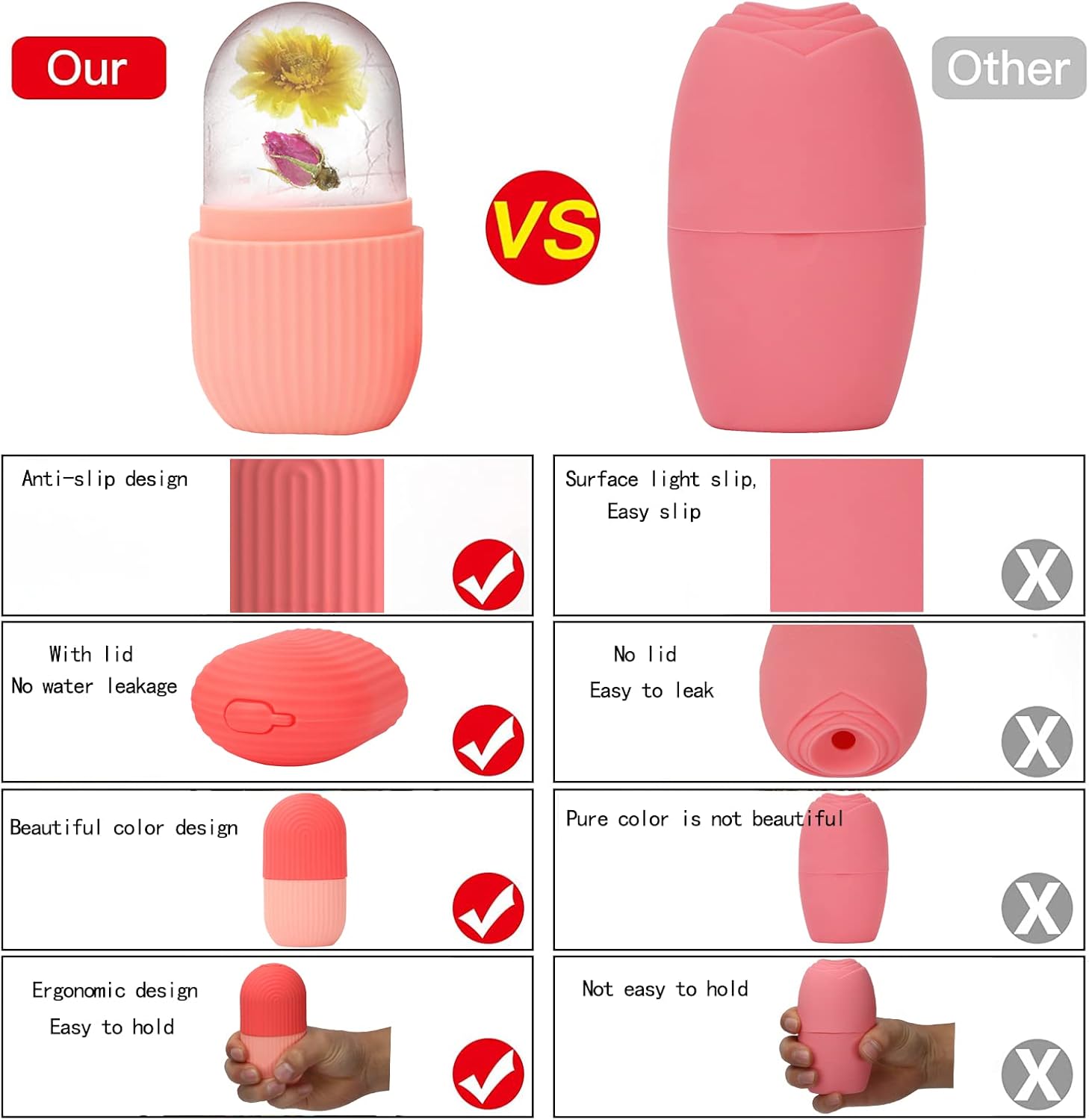 xhjri ice cube roller massager for face, eyes and neck naturally conditioning and skin care,de puff eye bags,reduce migraine pain,reusable massage silicone ice mold (pink)