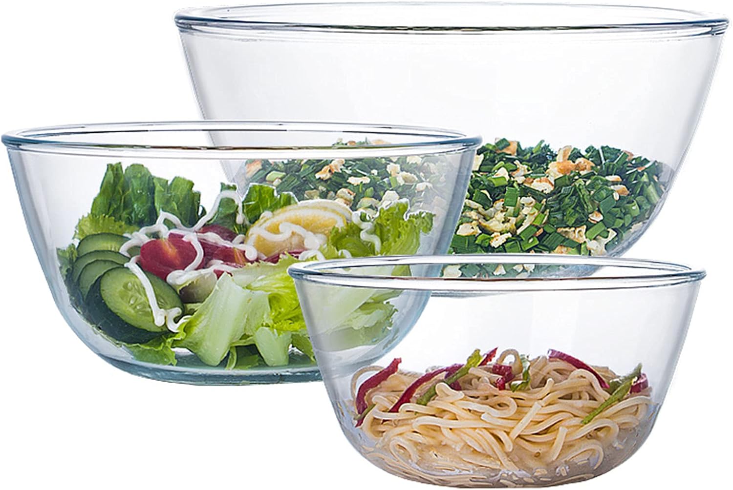 glass mixing bowl set of 3 for kitchen, baking, prepping, serving, cooking 1.1qt, 2.5qt, 4.2qt large salad bowl set, high brosilicate bowl set, stackable, non toxic, microwavable, great gift