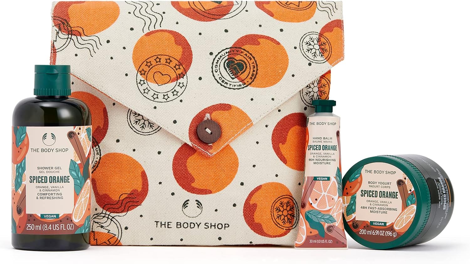 the body shop oranges & stockings essentials gift set – spiced orange holiday skincare kit – vegan – 3 items