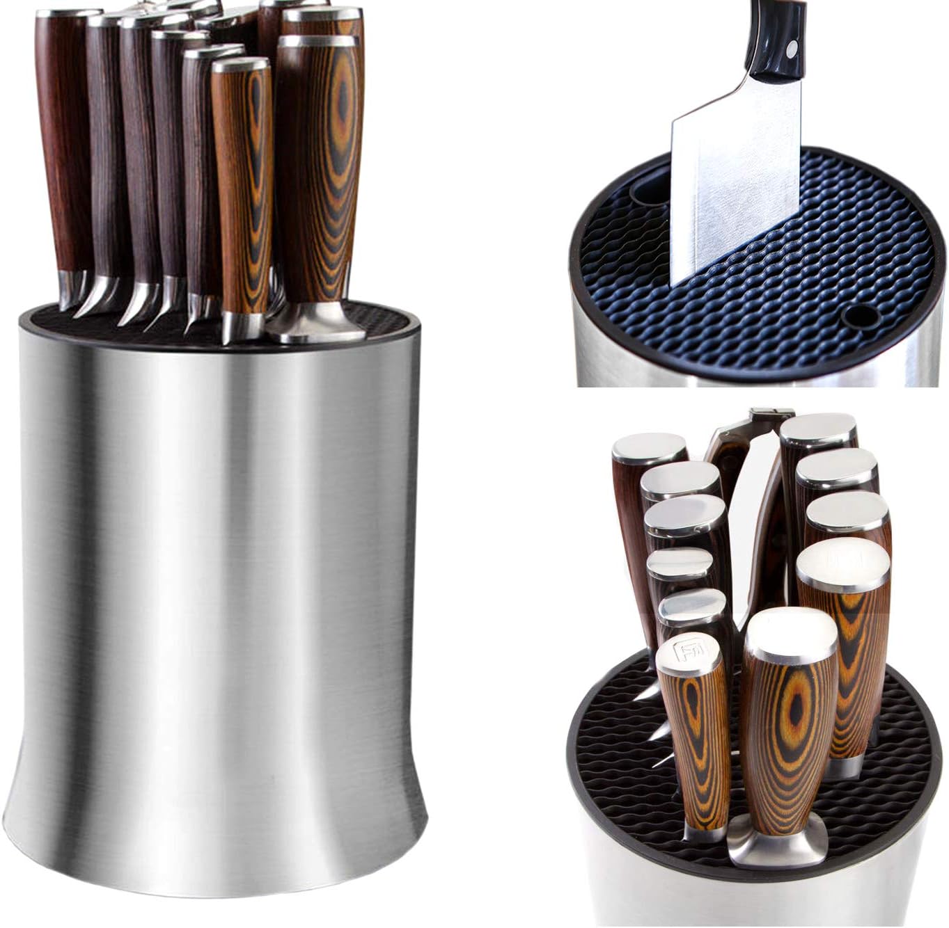 universal knife blocks, holders with slots for scissors and sharpening rod and detach for easy cleaning, stainless steel, rust proof (18x23cm)