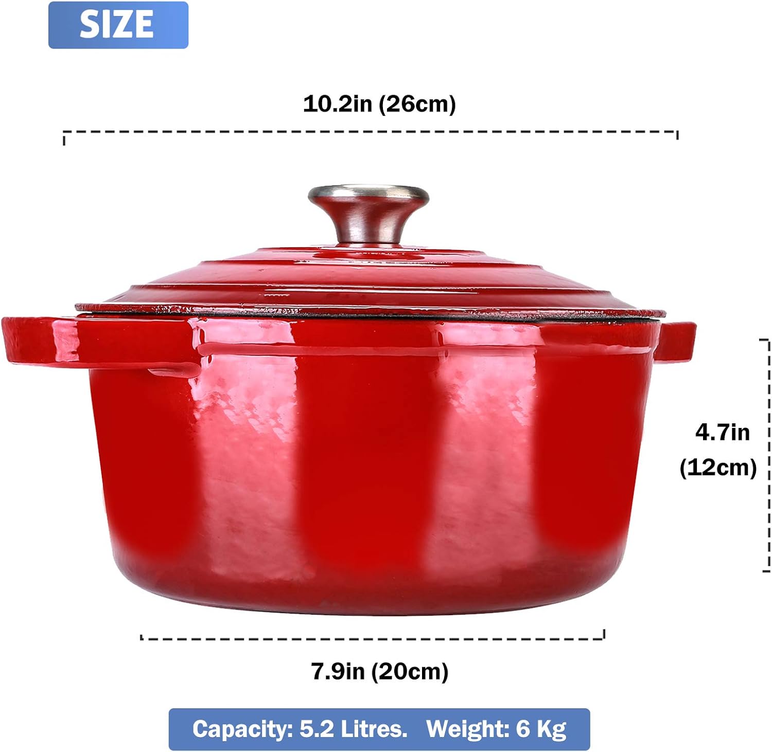 puricon 5.5 quart enameled cast iron dutch oven with lid, 5.5 qt deep round dutch oven pot with dual handles red