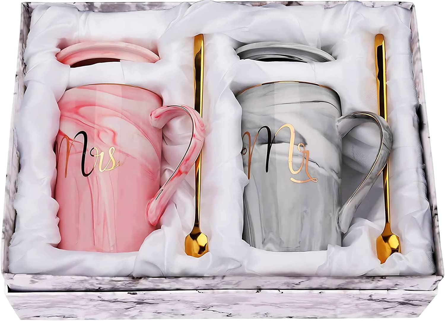 mr and mrs coffee mugs wedding gift for bride and groom, gift for bridal shower engagement wedding and married couples anniversary ceramic marble cups 14 oz