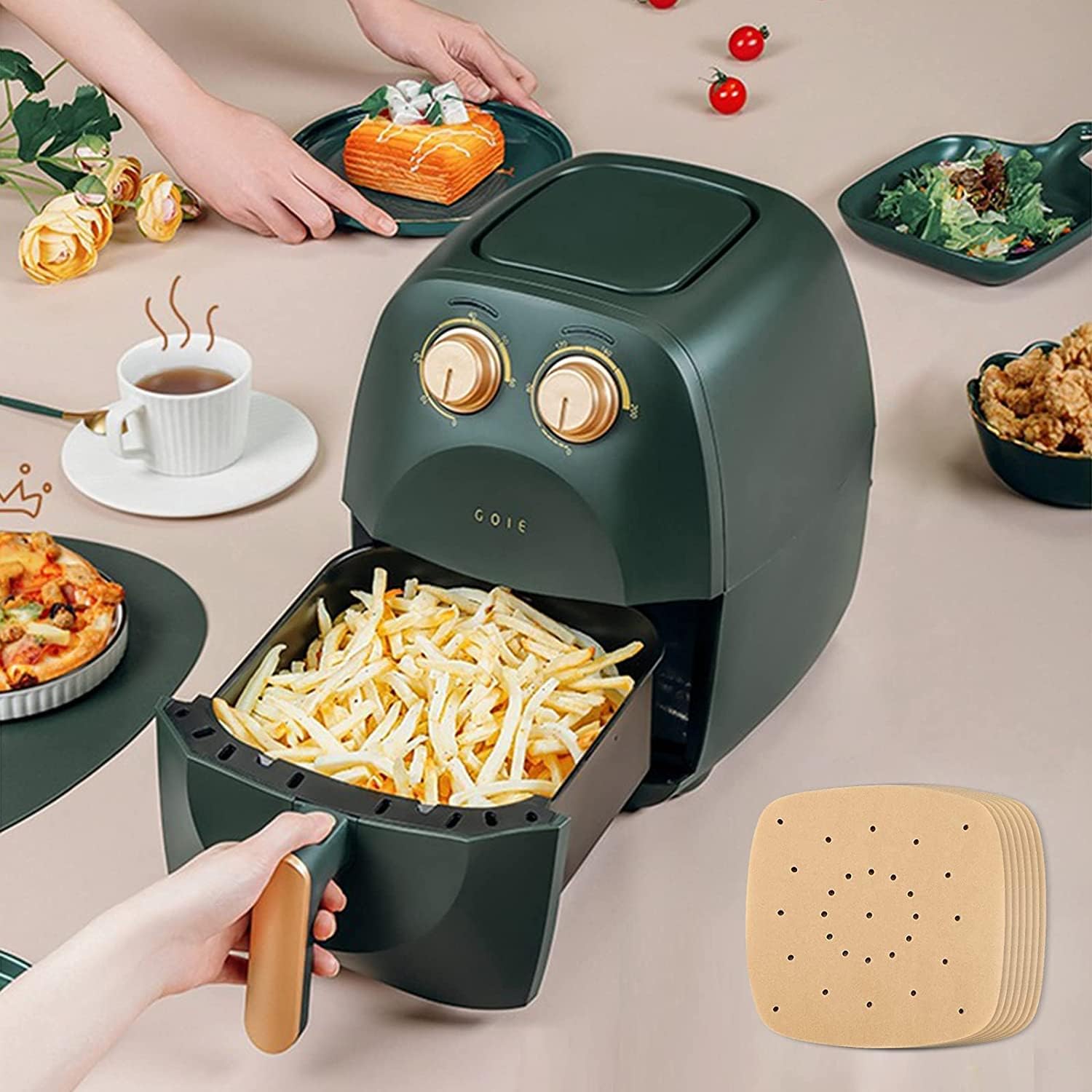 tsbfeery 100 pcs square air fryer parchment paper 8.5 inch unbleached square air fryer liners/steaming parchment liner for air fryer, steaming basket (8.5inch)